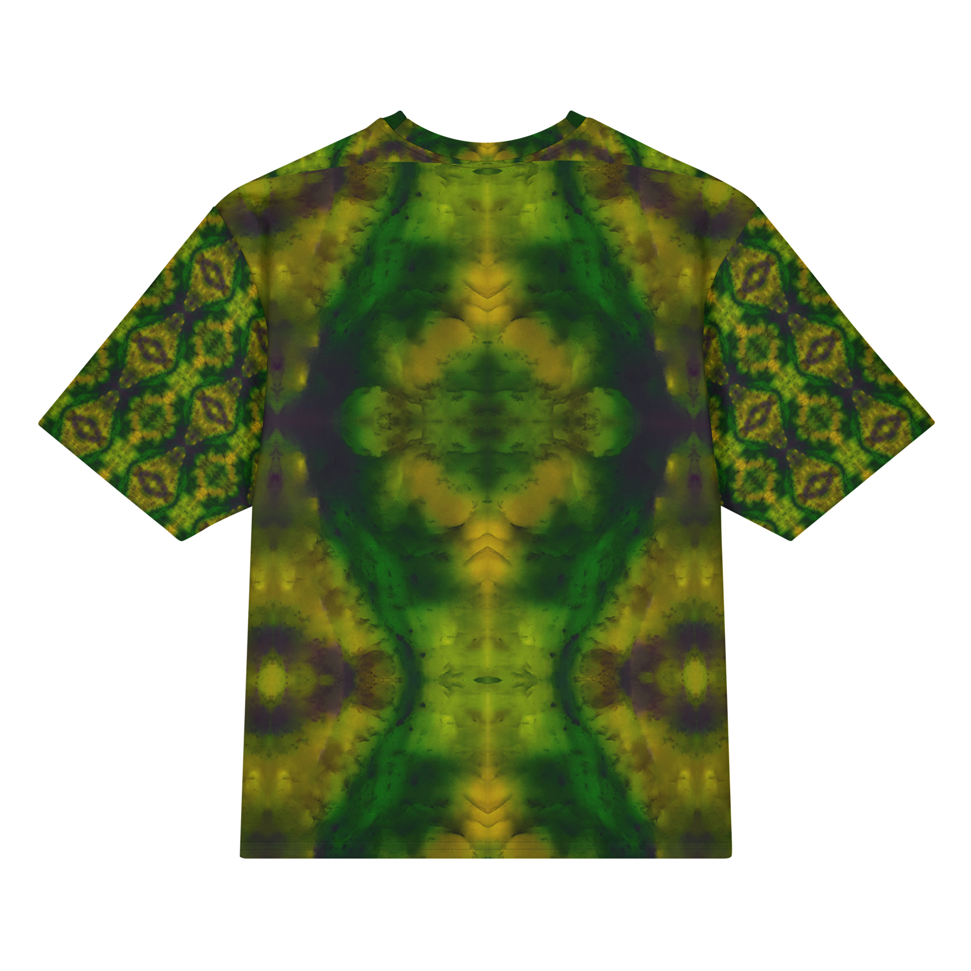 Back view of Purely Jade Light Cotton OverSized T-Shirt with deep green central jade plume, gold clouded edges, and patterned sleeve panels by RJSTH.