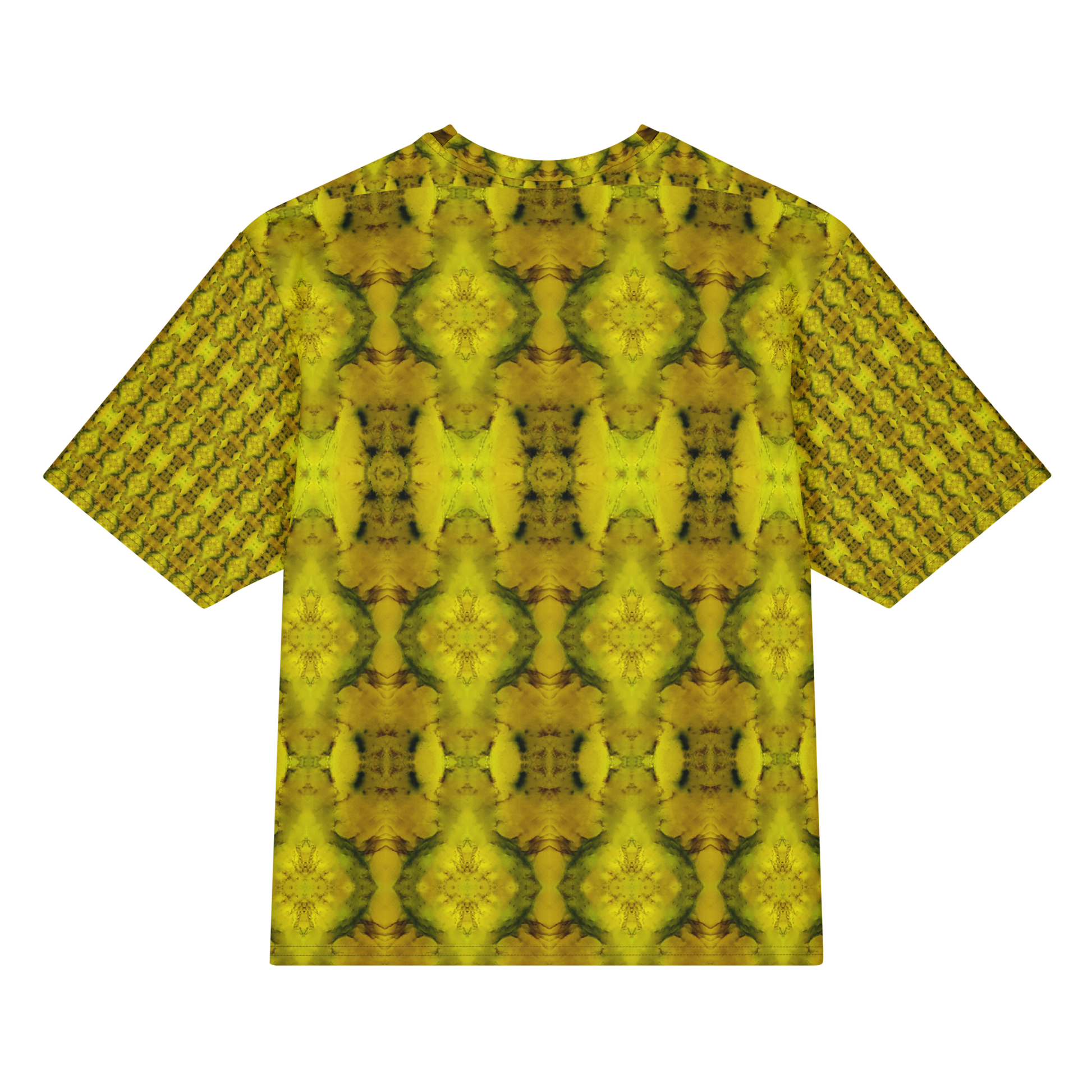 Back view of Purely Jade Light Cotton OverSized T-Shirt with yellow-gold mirrored jade blooms, green veining, and patterned sleeve panels by RJSTH.