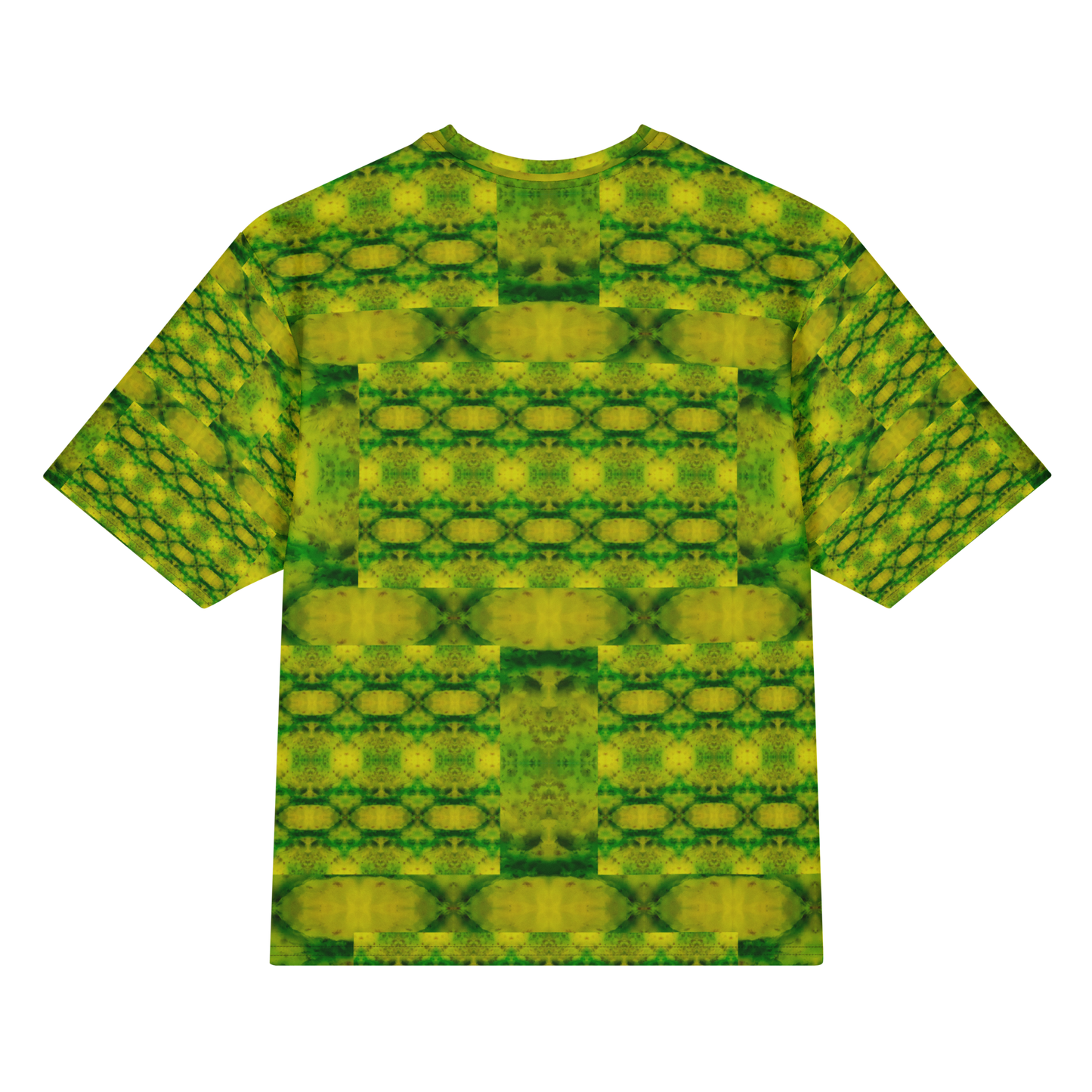 Back view of Purely Jade Light Cotton OverSized T-Shirt with green-yellow lattice grid, broad horizontal chamber bands, and patterned sleeve panels by RJSTH.