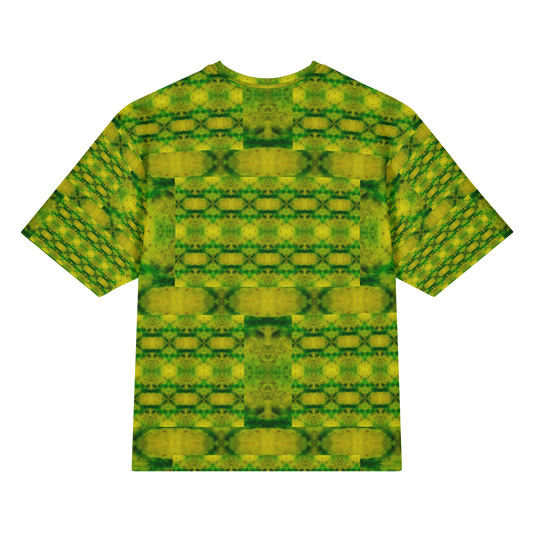 Back view of Purely Jade Light Cotton OverSized T-Shirt with green-yellow lattice grid, broad horizontal chamber bands, and patterned sleeve panels by RJSTH.