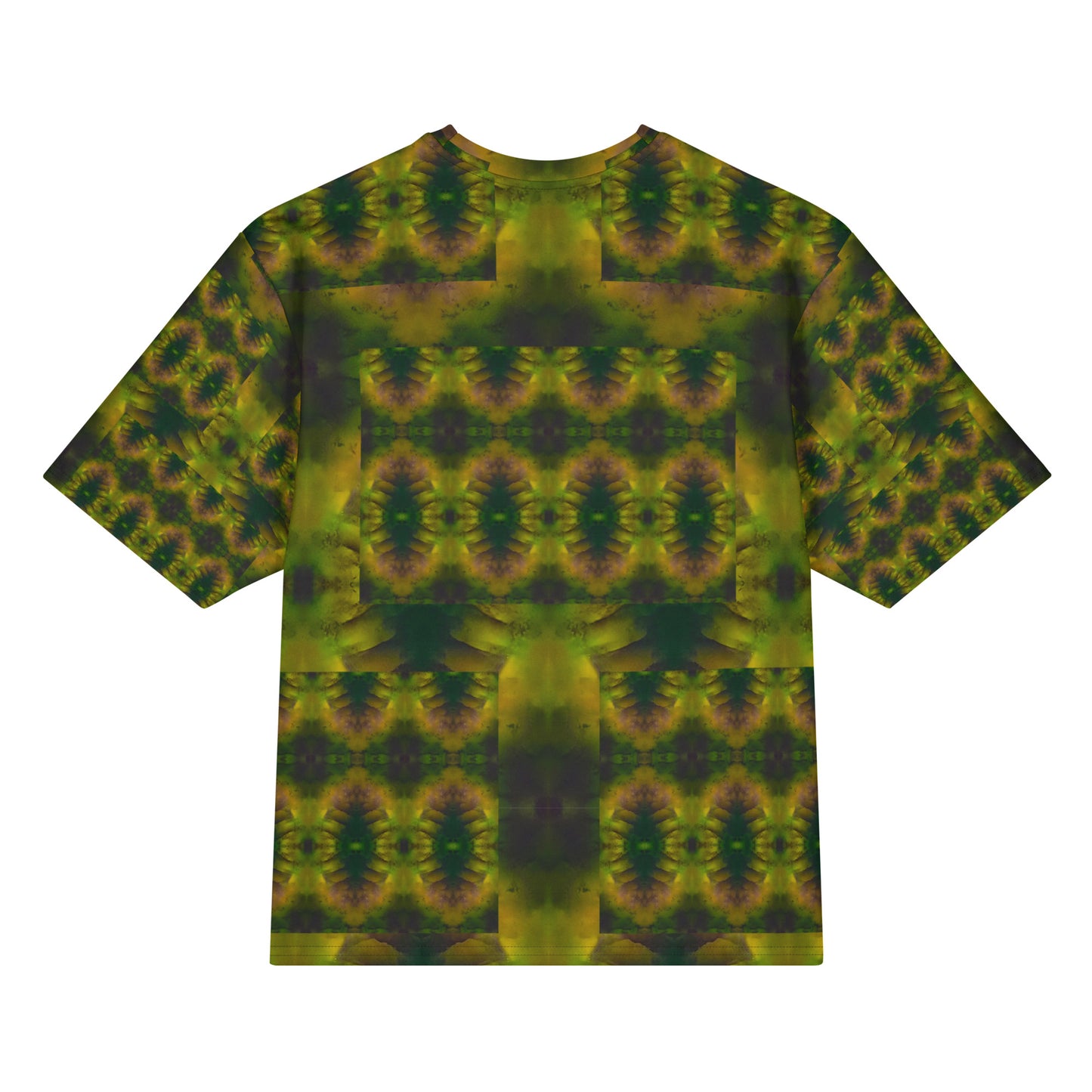 Back view of Purely Jade Light Cotton OverSized T-Shirt with dark green-and-gold mirrored medallion field, vertical center band, and patterned sleeves by RJSTH.