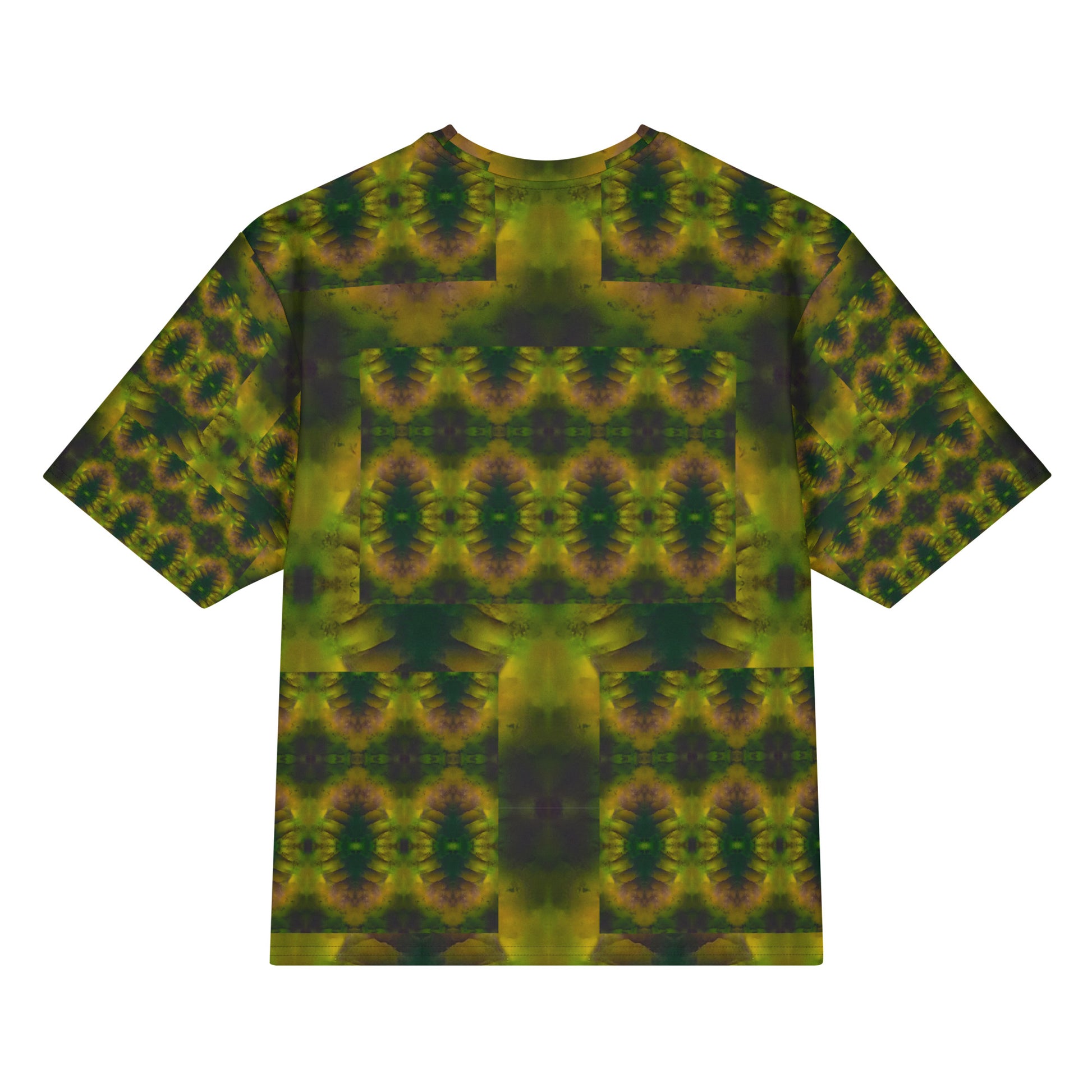 Back view of Purely Jade Light Cotton OverSized T-Shirt with dark green-and-gold mirrored medallion field, vertical center band, and patterned sleeves by RJSTH.