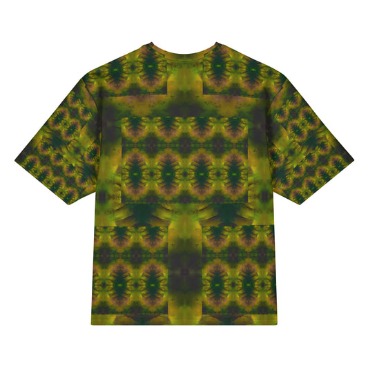 Back view of Purely Jade Light Cotton OverSized T-Shirt with dark green-and-gold mirrored medallion field, vertical center band, and patterned sleeves by RJSTH.