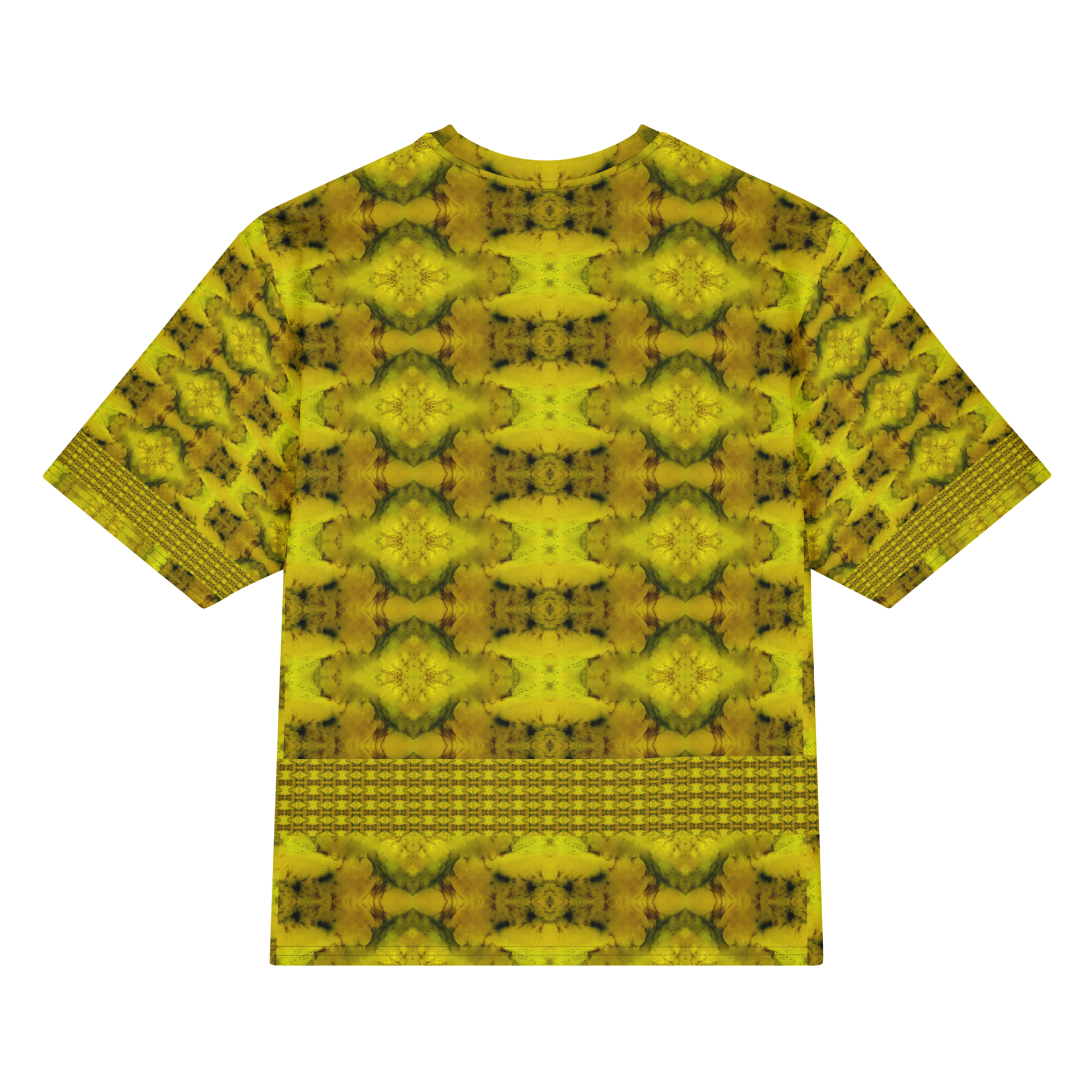 Back view of Purely Jade Light Cotton OverSized T-Shirt with gold-dominant yellow field, soft floral medallion rows, and lower lattice band and patterned sleeve panels by RJSTH.