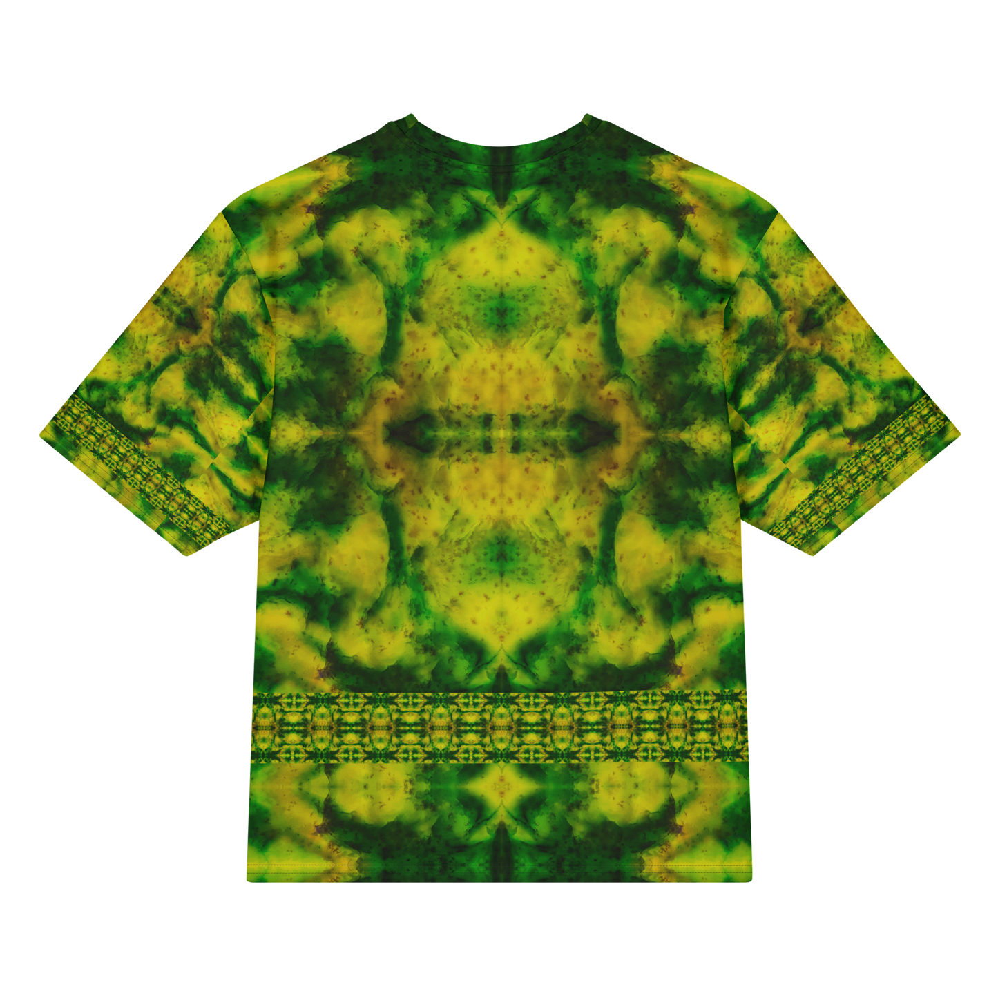 Back view of Purely Jade Light Cotton OverSized T-Shirt with soft marbled yellow-green field, central mirrored plume, and lower lattice band and patterned sleeve panels by RJSTH.