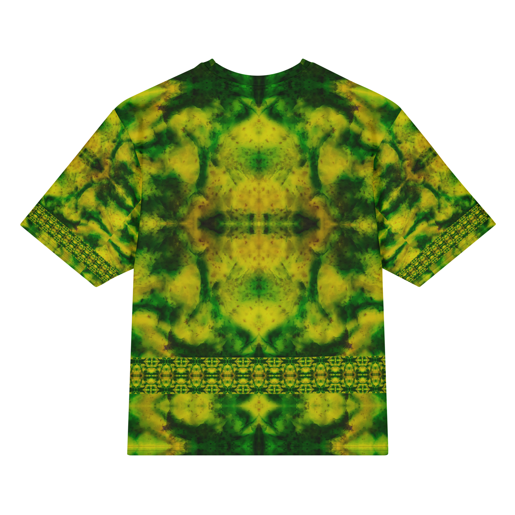 Back view of Purely Jade Light Cotton OverSized T-Shirt with soft marbled yellow-green field, central mirrored plume, and lower lattice band and patterned sleeve panels by RJSTH.