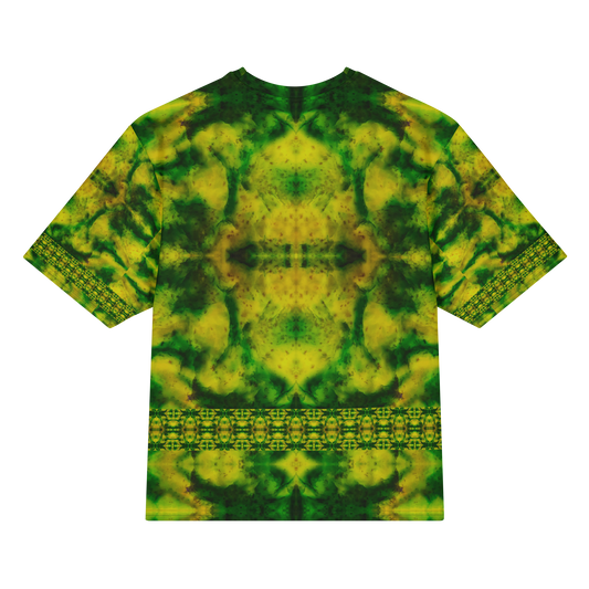 Back view of Purely Jade Light Cotton OverSized T-Shirt with soft marbled yellow-green field, central mirrored plume, and lower lattice band and patterned sleeve panels by RJSTH.