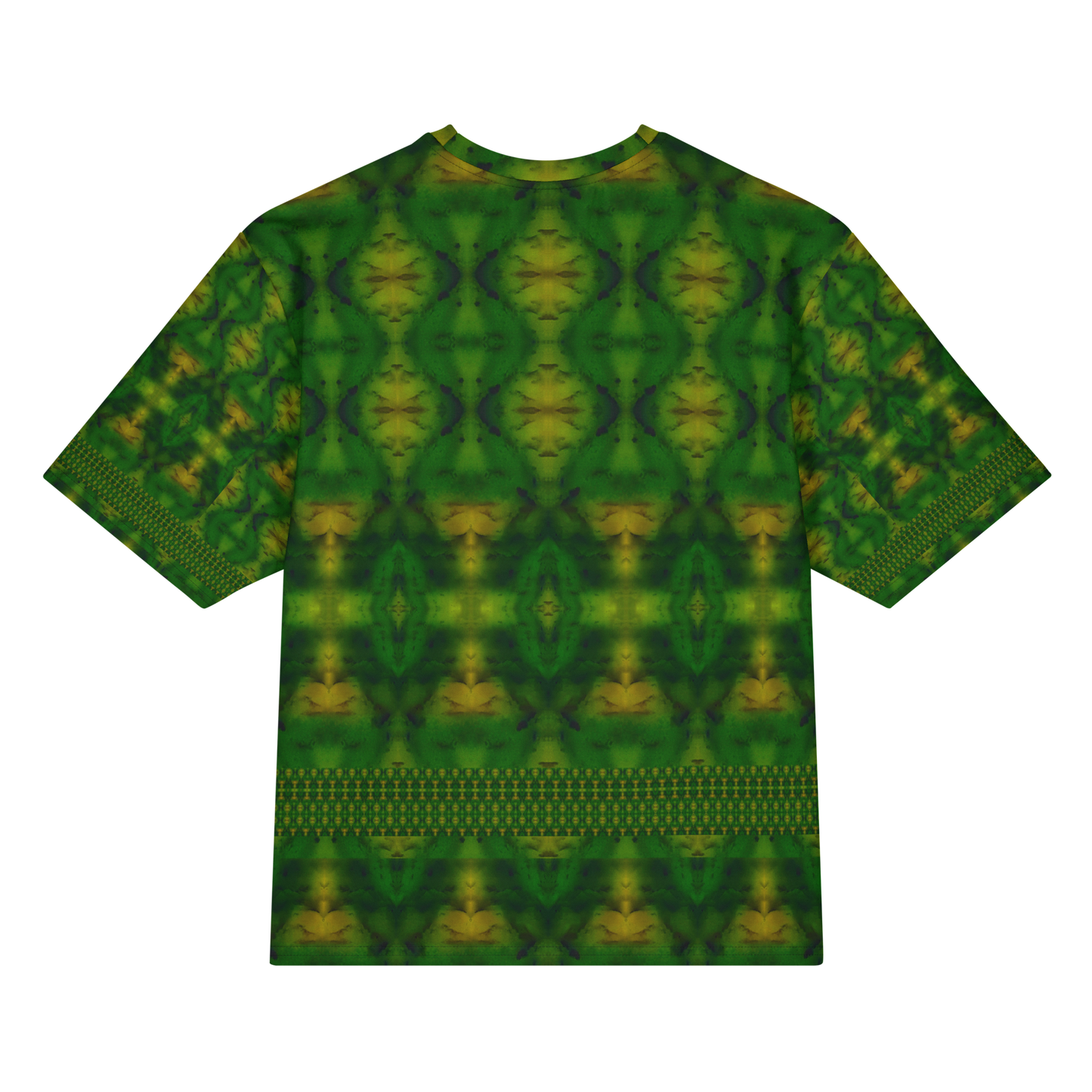 Back view of Purely Jade Light Cotton OverSized T-Shirt with green field, yellow medallion chamber forms, and lower horizontal lattice band and patterned sleeve panels by RJSTH.