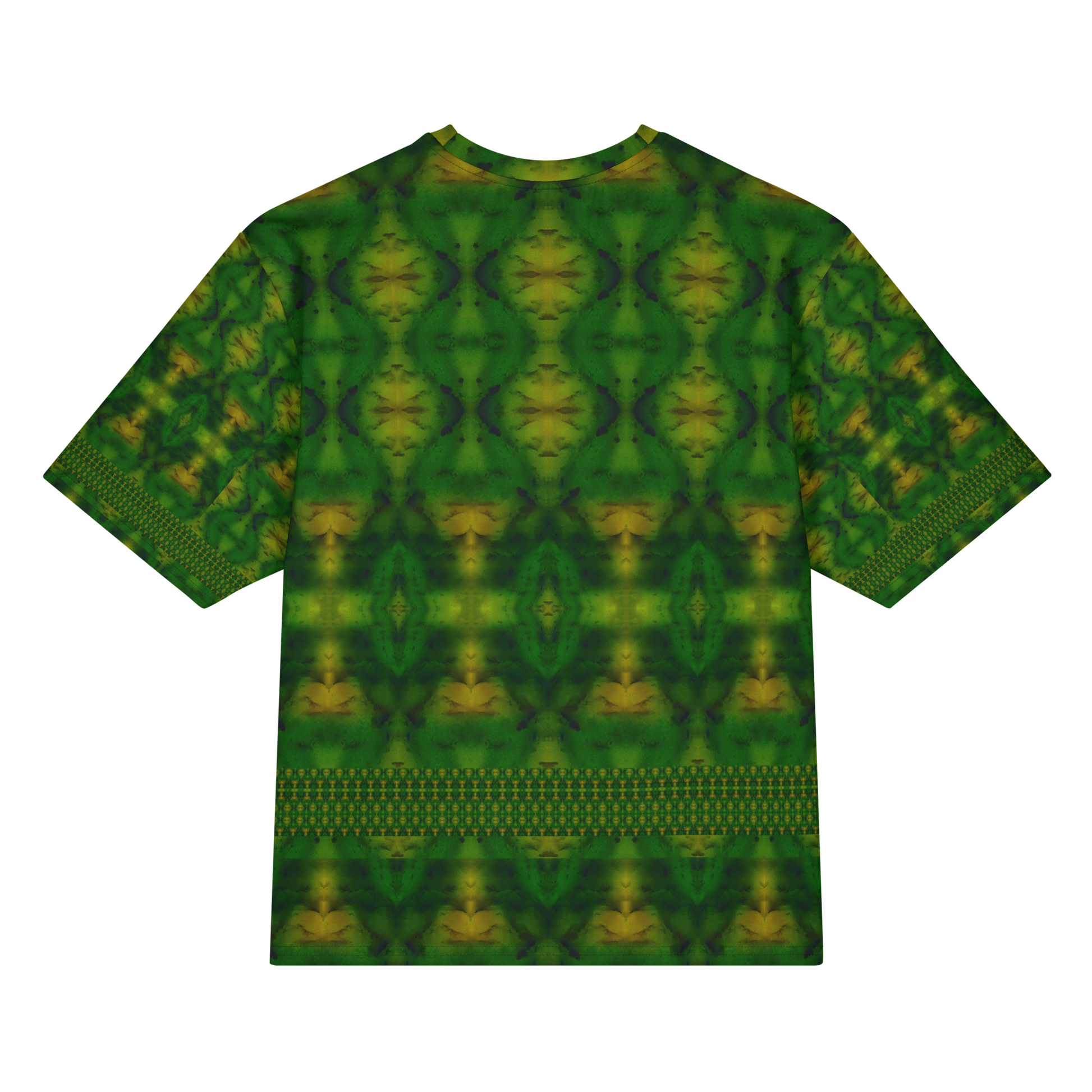 Back view of Purely Jade Light Cotton OverSized T-Shirt with green field, yellow medallion chamber forms, and lower horizontal lattice band and patterned sleeve panels by RJSTH.