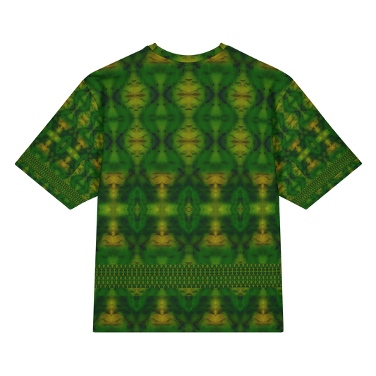 Back view of Purely Jade Light Cotton OverSized T-Shirt with green field, yellow medallion chamber forms, and lower horizontal lattice band and patterned sleeve panels by RJSTH.