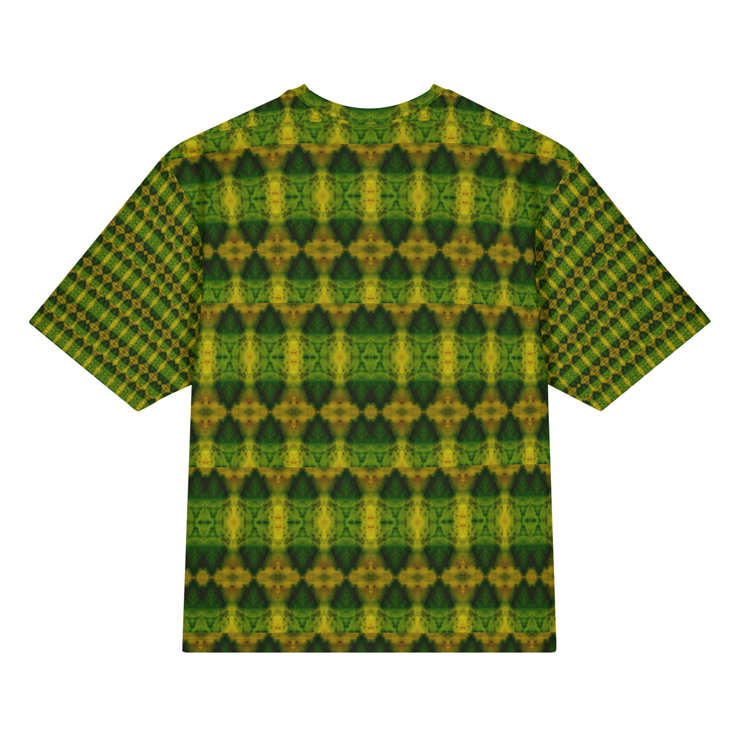 Back view of Purely Jade Light Cotton OverSized T-Shirt with darker green-yellow rows of mirrored diamond urn forms and patterned sleeve panels by RJSTH.