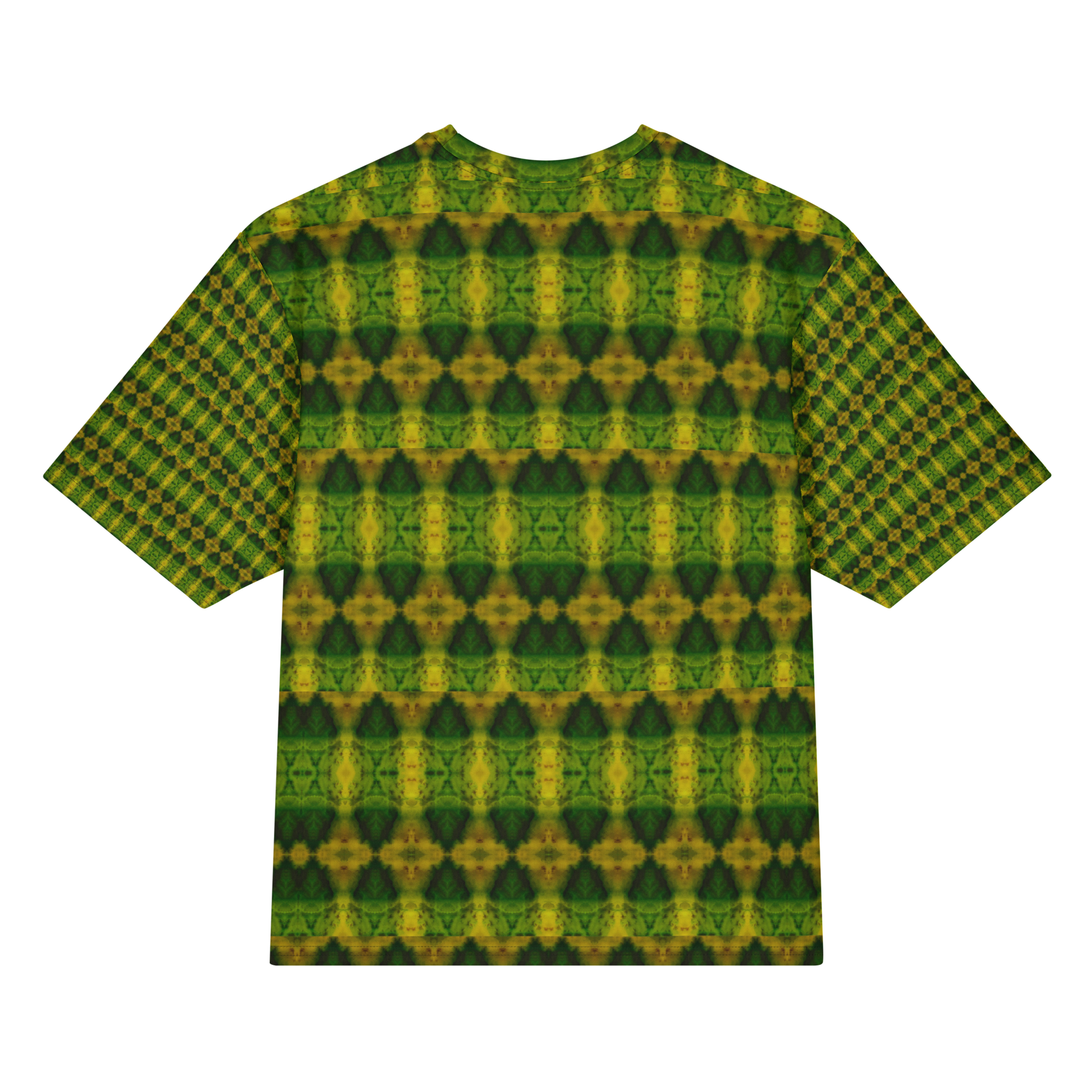 Back view of Purely Jade Light Cotton OverSized T-Shirt with darker green-yellow rows of mirrored diamond urn forms and patterned sleeve panels by RJSTH.