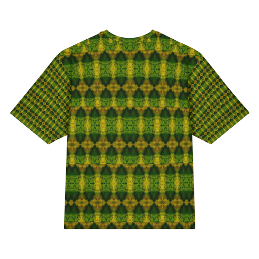 Back view of Purely Jade Light Cotton OverSized T-Shirt with darker green-yellow rows of mirrored diamond urn forms and patterned sleeve panels by RJSTH.