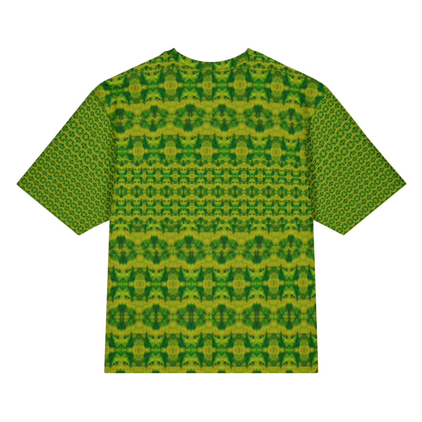 Back view of Purely Jade Light Cotton OverSized T-Shirt with green-yellow medallion grid and small horizontal lower band and patterned sleeve panels by RJSTH.