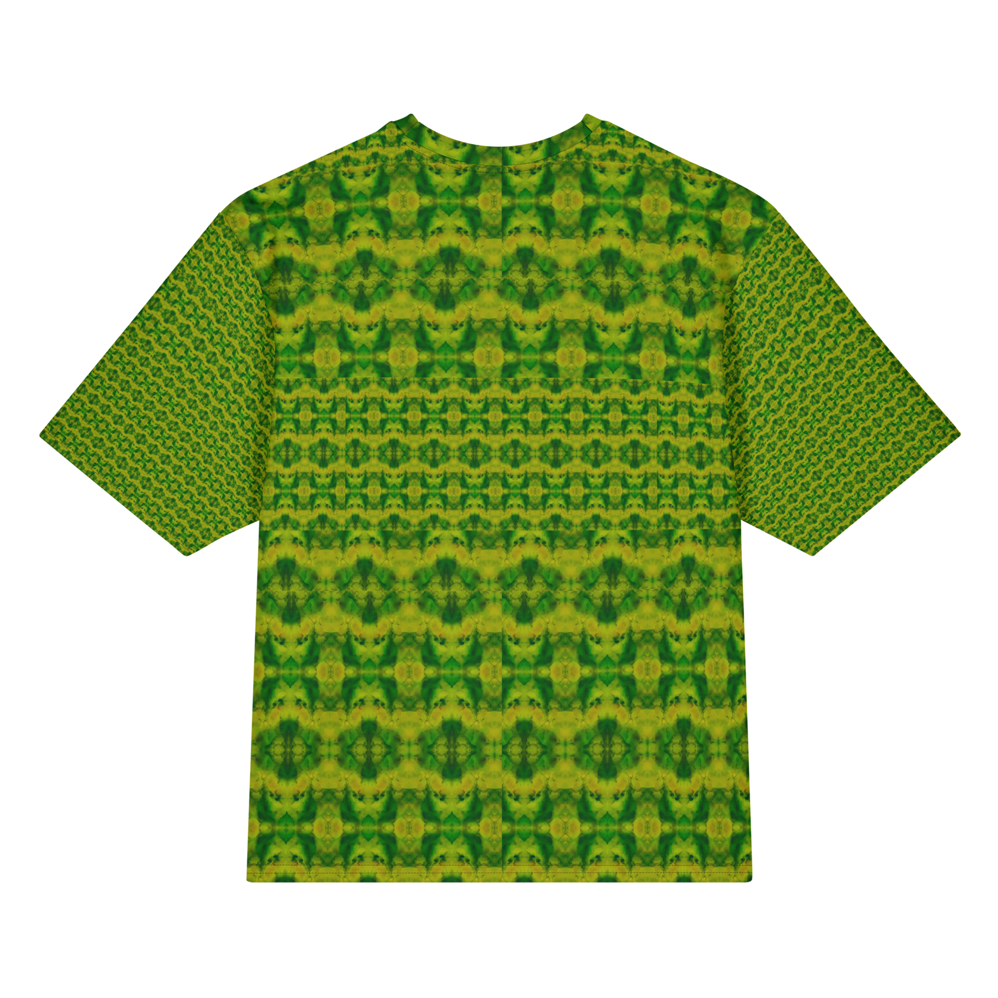 Back view of Purely Jade Light Cotton OverSized T-Shirt with green-yellow medallion grid and small horizontal lower band and patterned sleeve panels by RJSTH.