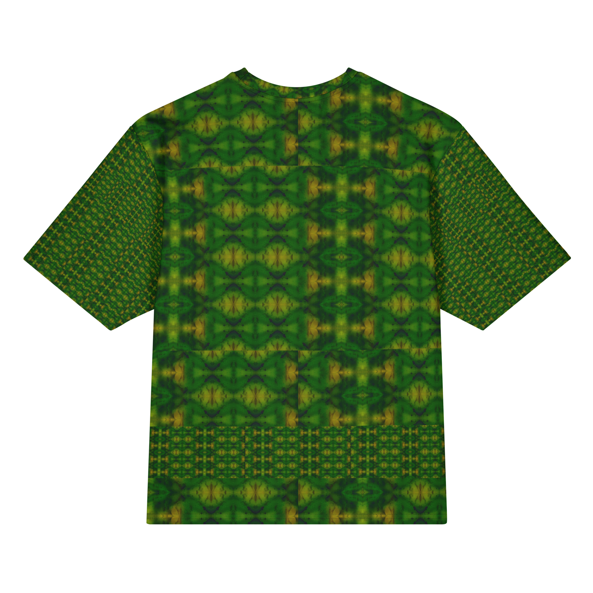 Back view of Purely Jade Light Cotton OverSized T-Shirt with dark green lattice medallion field and lower horizontal band and patterned sleeve panels by RJSTH.