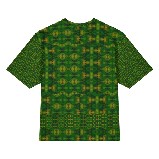 Back view of Purely Jade Light Cotton OverSized T-Shirt with dark green lattice medallion field and lower horizontal band and patterned sleeve panels by RJSTH.