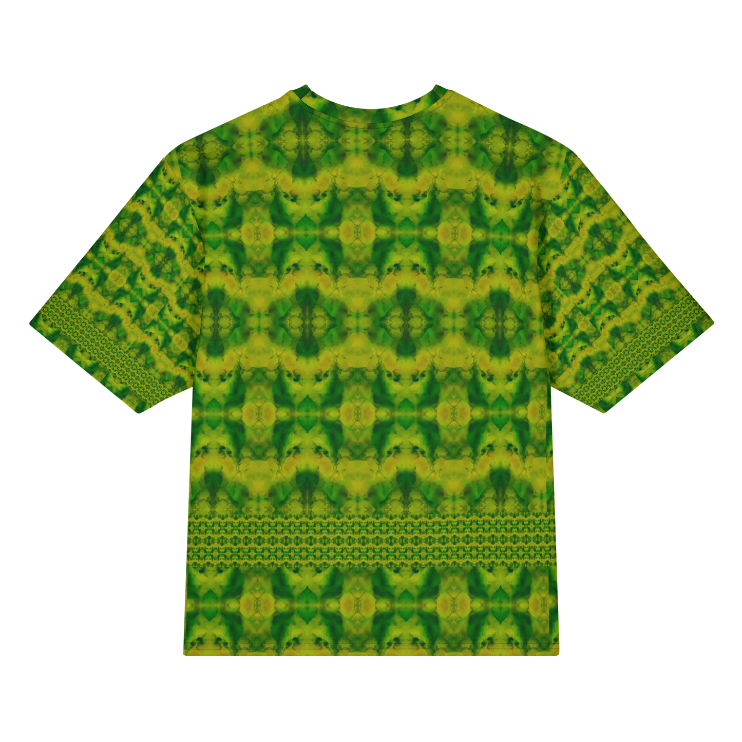 Back view of Purely Jade Light Cotton OverSized T-Shirt with green-yellow medallion grid and horizontal lower lattice band and patterned sleeve panels by RJSTH.