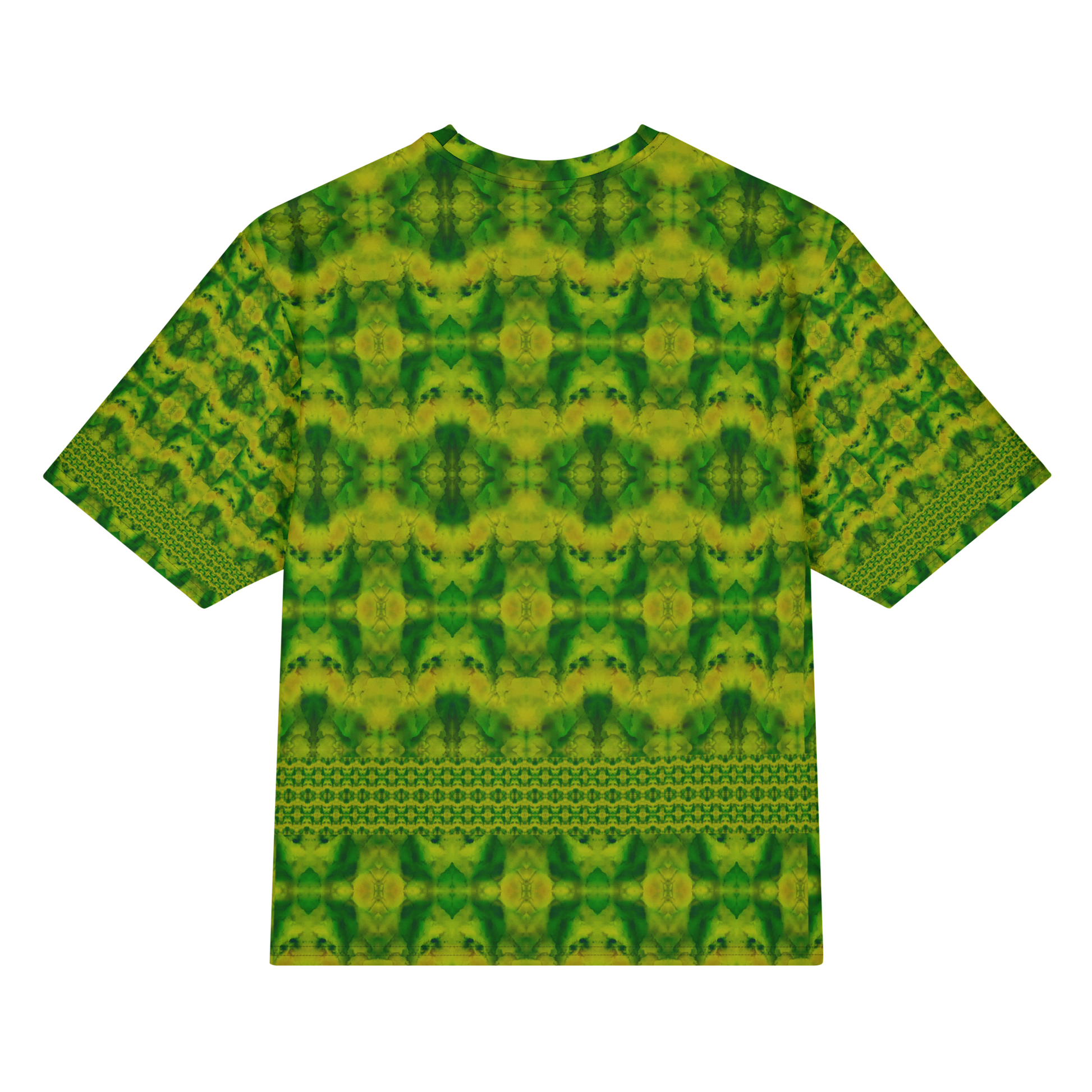 Back view of Purely Jade Light Cotton OverSized T-Shirt with green-yellow medallion grid and horizontal lower lattice band and patterned sleeve panels by RJSTH.