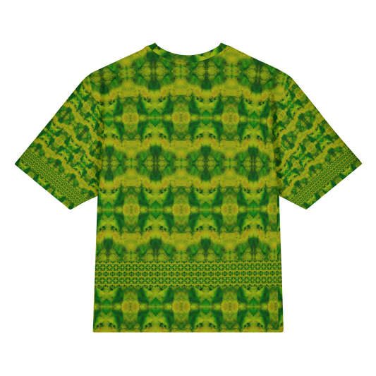 Back view of Purely Jade Light Cotton OverSized T-Shirt with green-yellow medallion grid and horizontal lower lattice band and patterned sleeve panels by RJSTH.