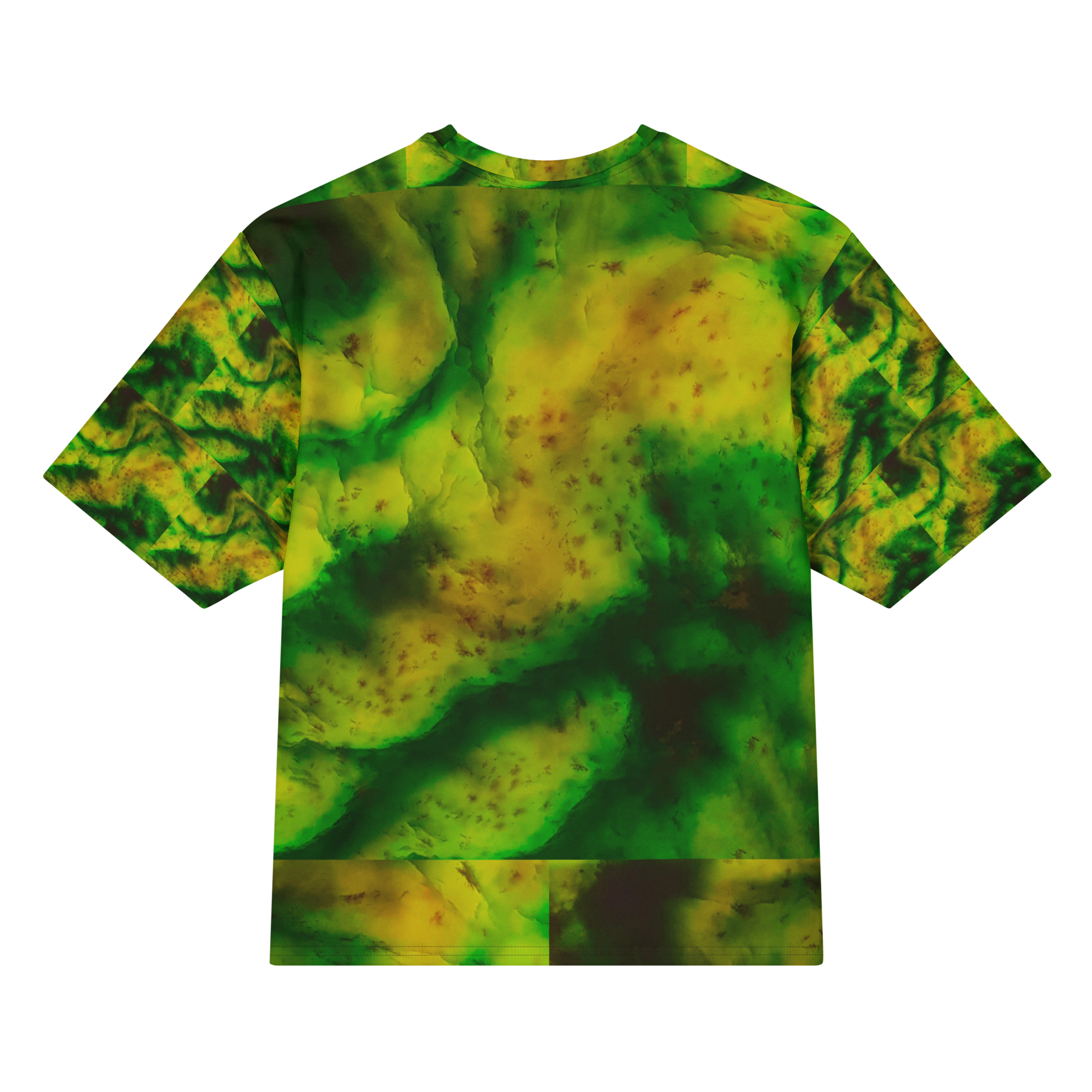 Back view of Purely Jade Light Cotton OverSized T-Shirt with soft green-yellow clouded jade field with larger painterly planes and dark green pooling and patterned sleeve panels by RJSTH.