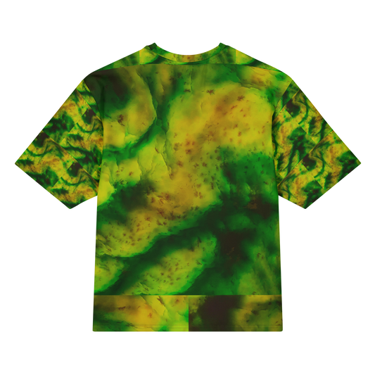 Back view of Purely Jade Light Cotton OverSized T-Shirt with soft green-yellow clouded jade field with larger painterly planes and dark green pooling and patterned sleeve panels by RJSTH.