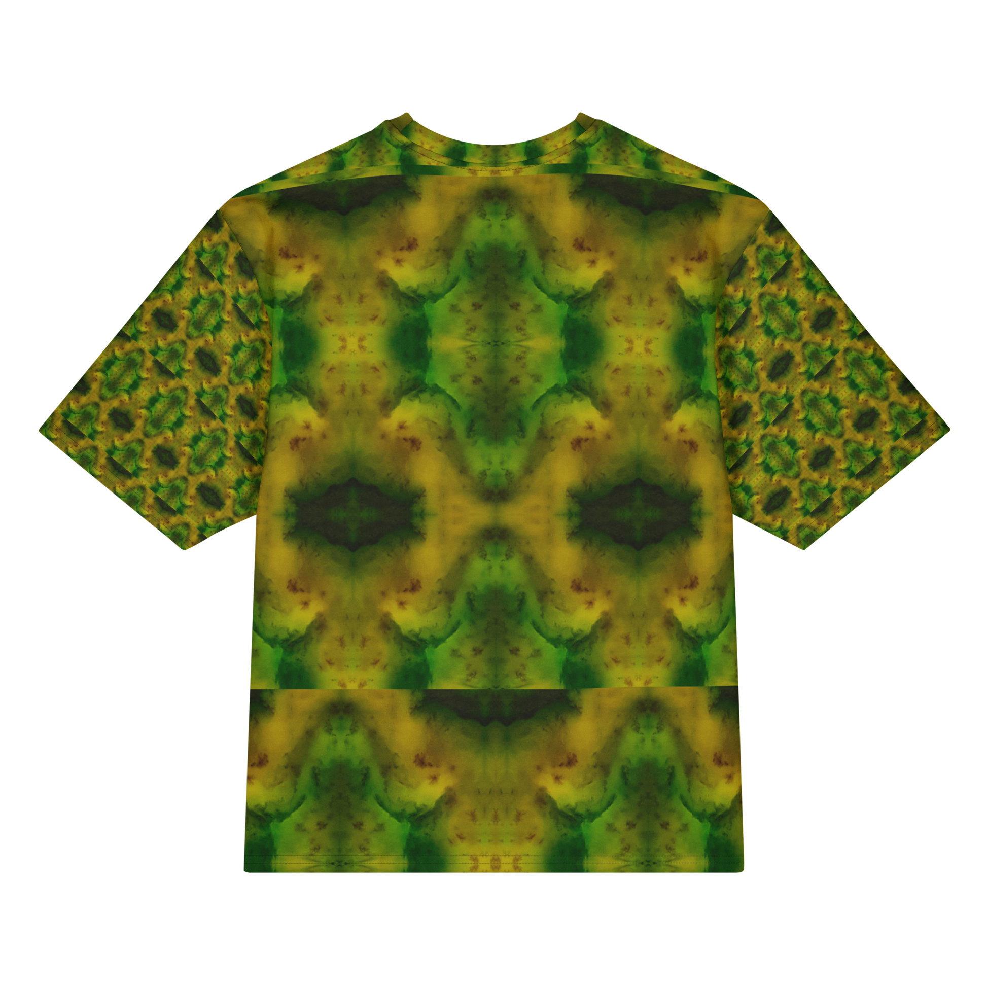 Back view of Purely Jade Light Cotton OverSized T-Shirt with green-yellow clouded jade field and large dark green medallion chamber shapes and patterned sleeve panels by RJSTH.