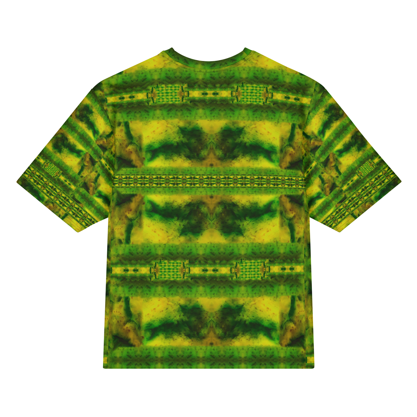 Back view of Purely Jade Light Cotton OverSized T-Shirt with horizontal green-yellow chamber bands across the body and patterned sleeve panels by RJSTH.