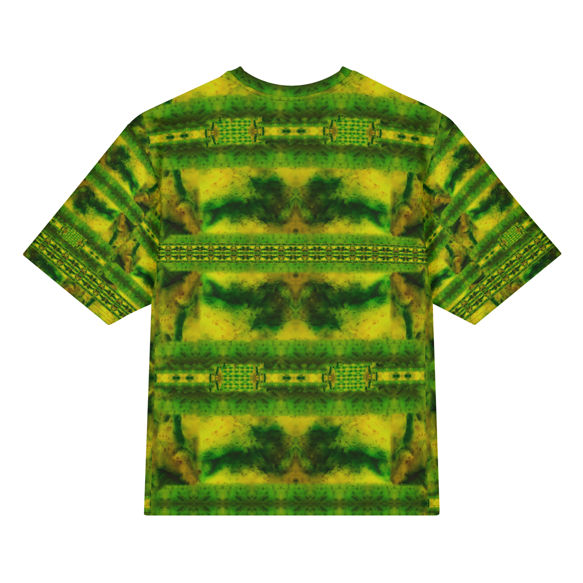 Back view of Purely Jade Light Cotton OverSized T-Shirt with horizontal green-yellow chamber bands across the body and patterned sleeve panels by RJSTH.