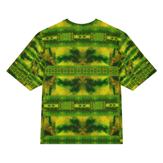 Back view of Purely Jade Light Cotton OverSized T-Shirt with horizontal green-yellow chamber bands across the body and patterned sleeve panels by RJSTH.