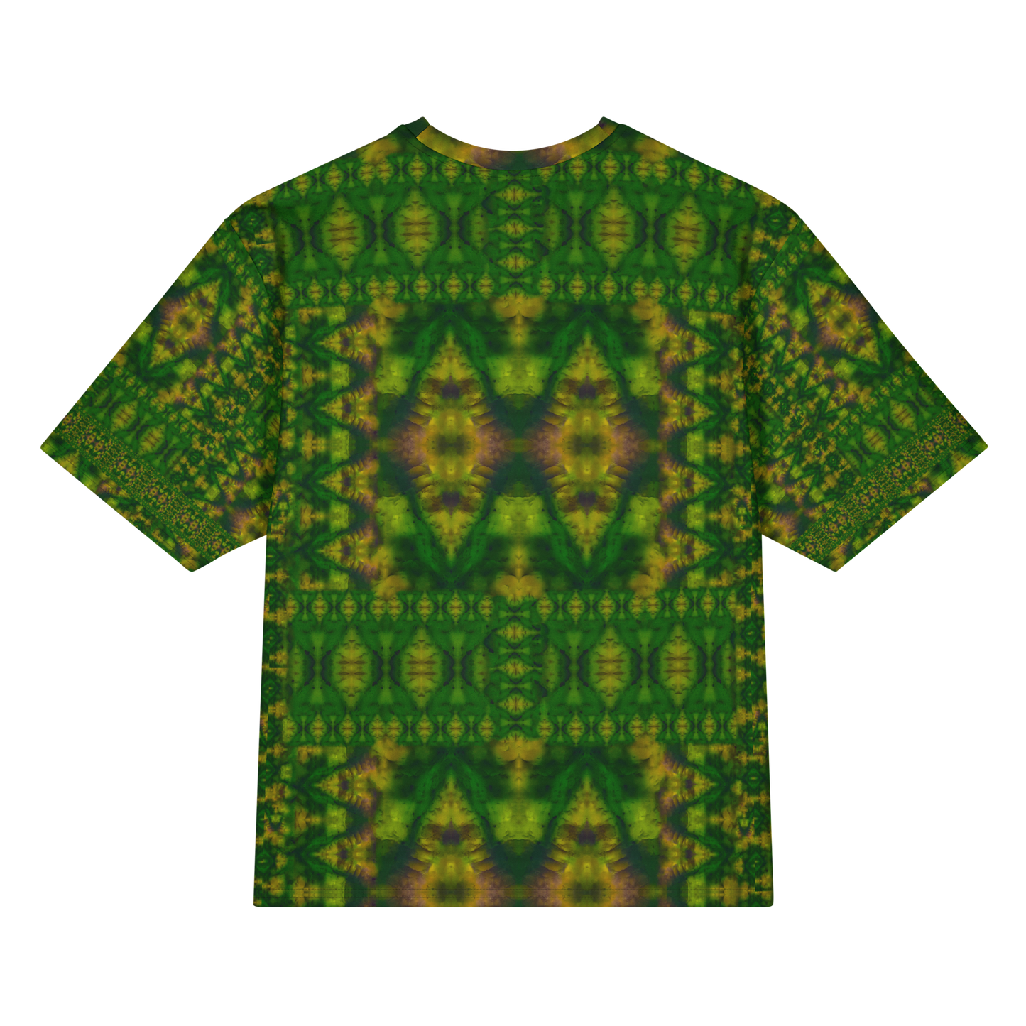 Back view of Purely Jade Light Cotton OverSized T-Shirt with darker green mirrored diamond chamber field and yellow highlights and patterned sleeve panels by RJSTH.