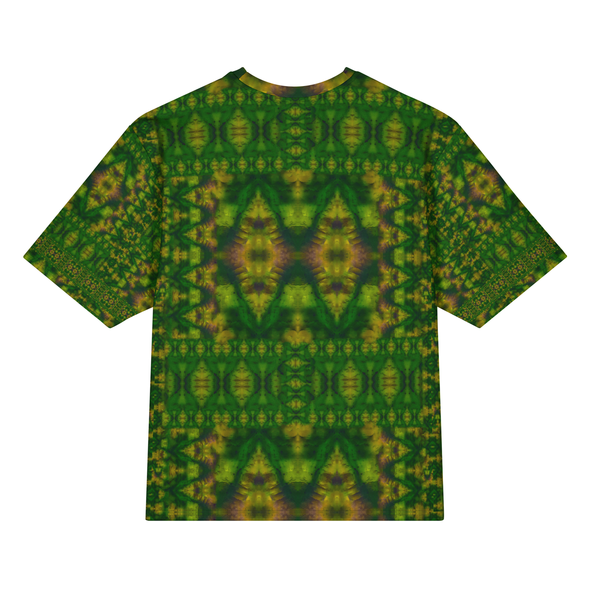Back view of Purely Jade Light Cotton OverSized T-Shirt with darker green mirrored diamond chamber field and yellow highlights and patterned sleeve panels by RJSTH.