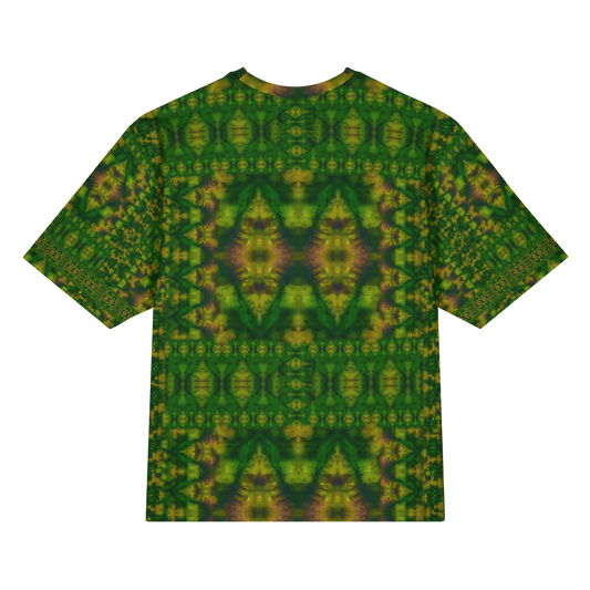 Back view of Purely Jade Light Cotton OverSized T-Shirt with darker green mirrored diamond chamber field and yellow highlights and patterned sleeve panels by RJSTH.