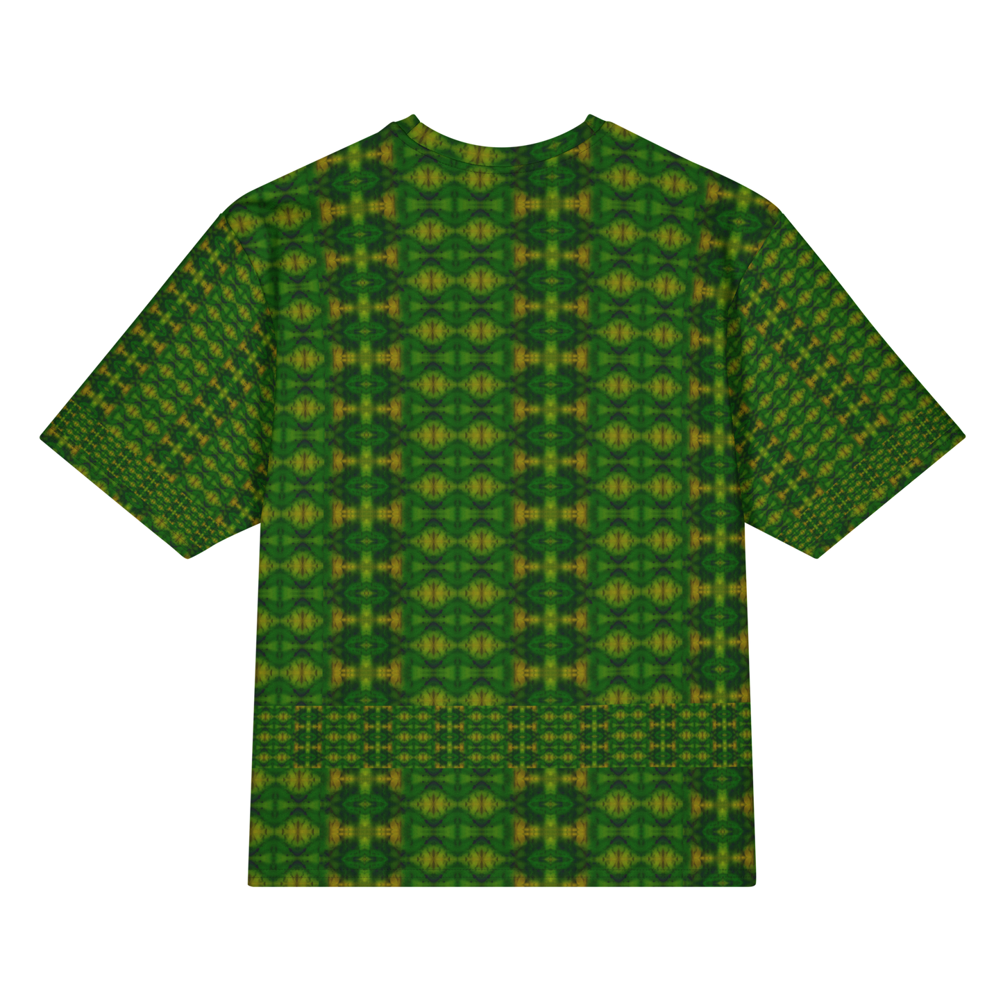 Back view of Purely Jade Light Cotton OverSized T-Shirt with green-dominant small boxed lattice, medallion repeat, and lower band and patterned sleeve panels by RJSTH.