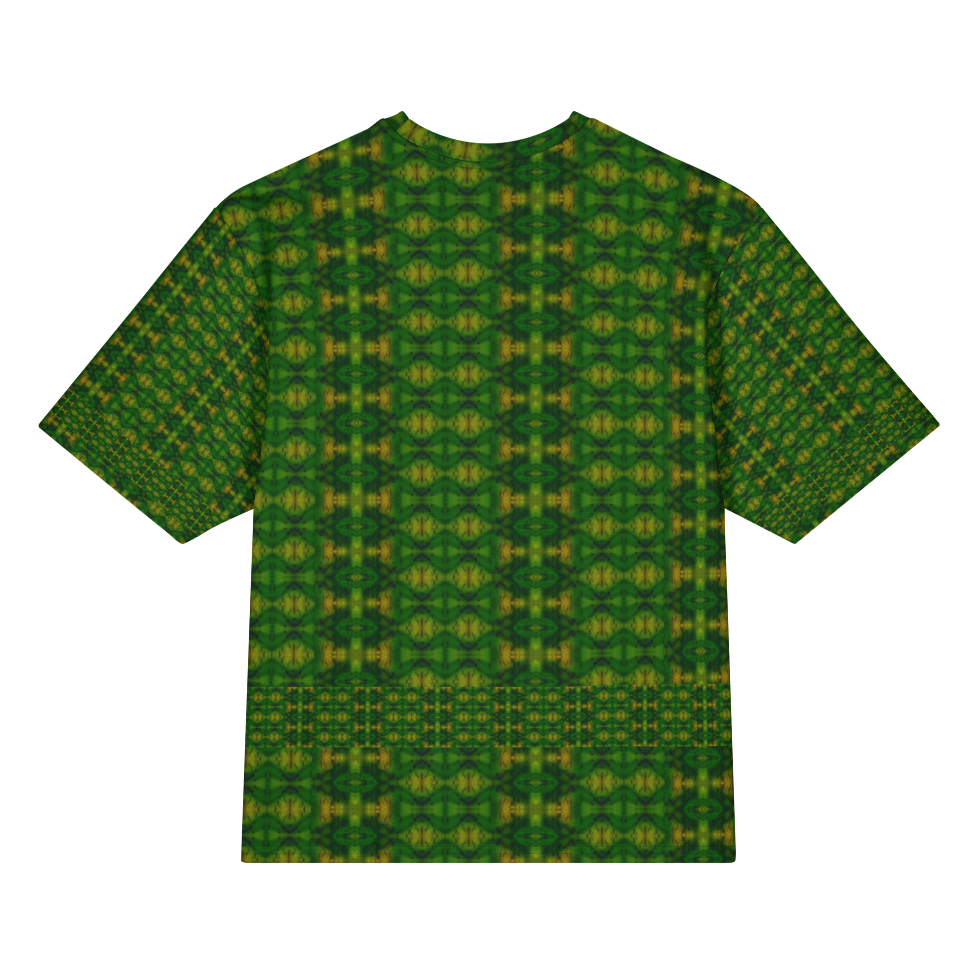 Back view of Purely Jade Light Cotton OverSized T-Shirt with green-dominant small boxed lattice, medallion repeat, and lower band and patterned sleeve panels by RJSTH.