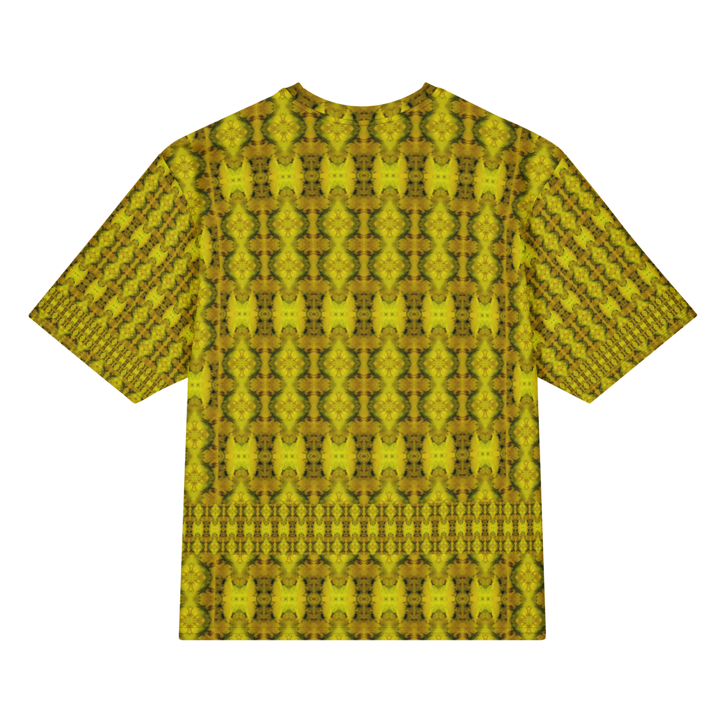 Back view of Purely Jade Light Cotton OverSized T-Shirt with gold-green vertical medallion lattice columns and patterned sleeve panels by RJSTH.