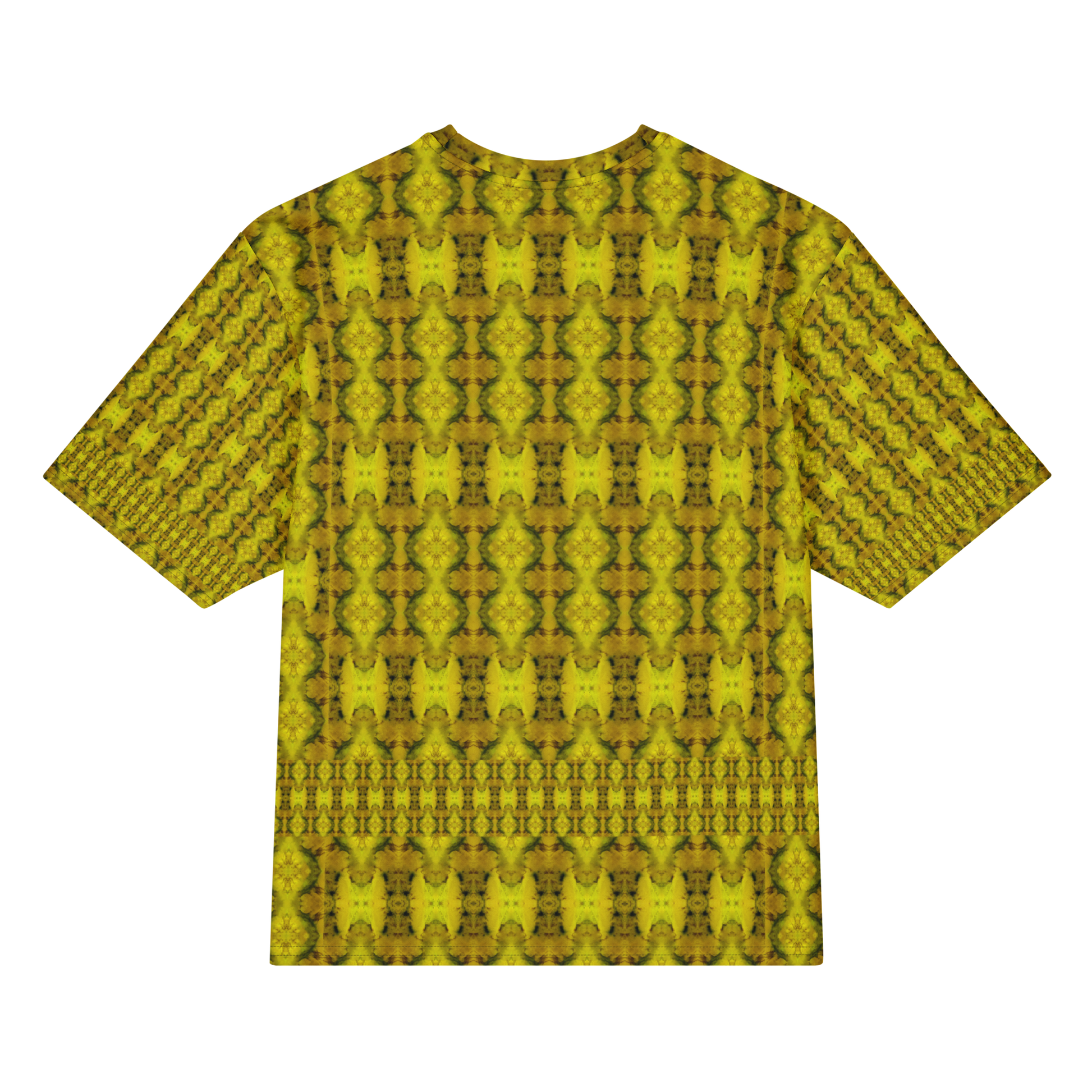 Back view of Purely Jade Light Cotton OverSized T-Shirt with gold-green vertical medallion lattice columns and patterned sleeve panels by RJSTH.