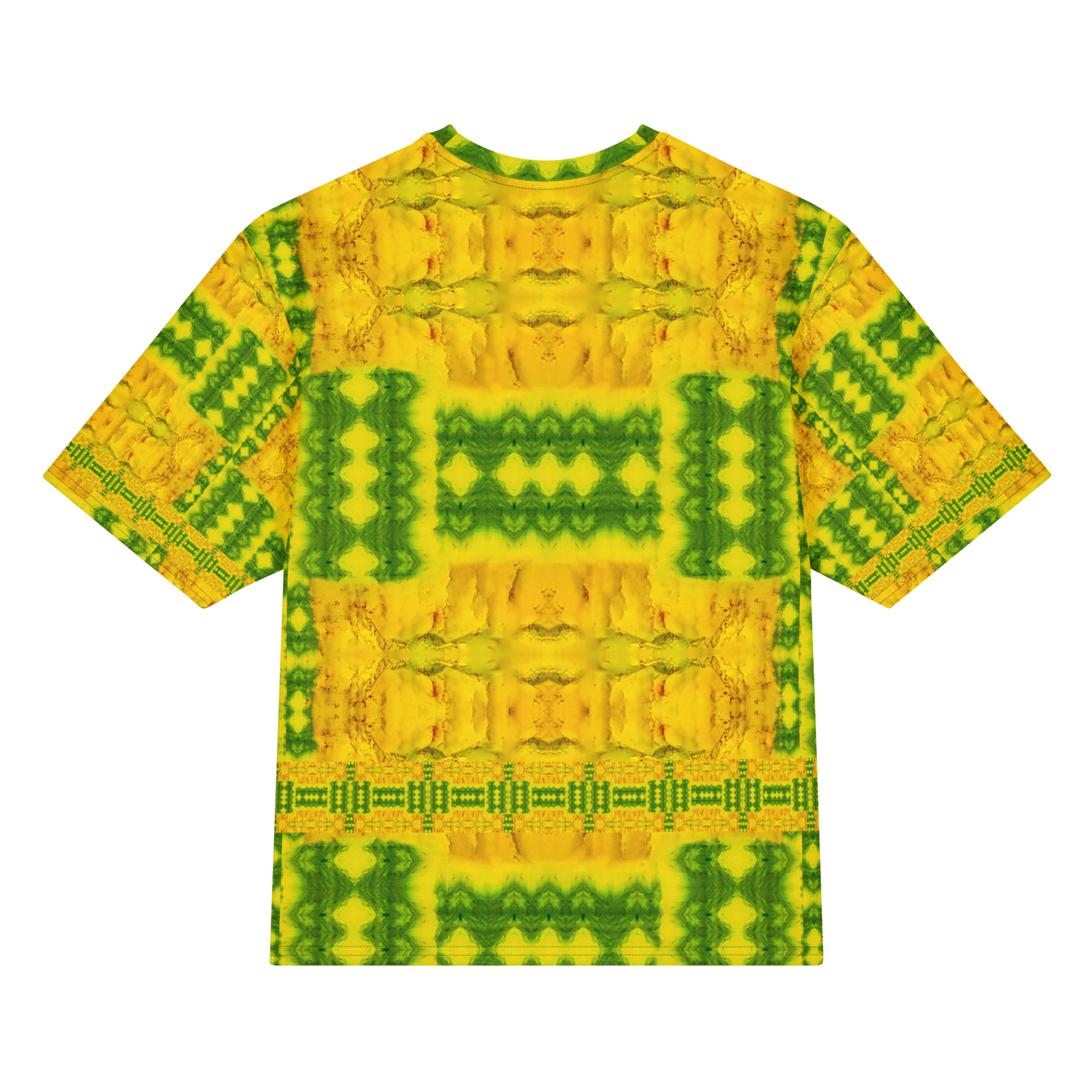 Back view of Purely Jade Light Cotton OverSized T-Shirt with bright yellow-gold field, green rectangular chamber bands, and lower patterned band and patterned sleeve panels by RJSTH.