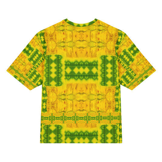 Back view of Purely Jade Light Cotton OverSized T-Shirt with bright yellow-gold field, green rectangular chamber bands, and lower patterned band and patterned sleeve panels by RJSTH.