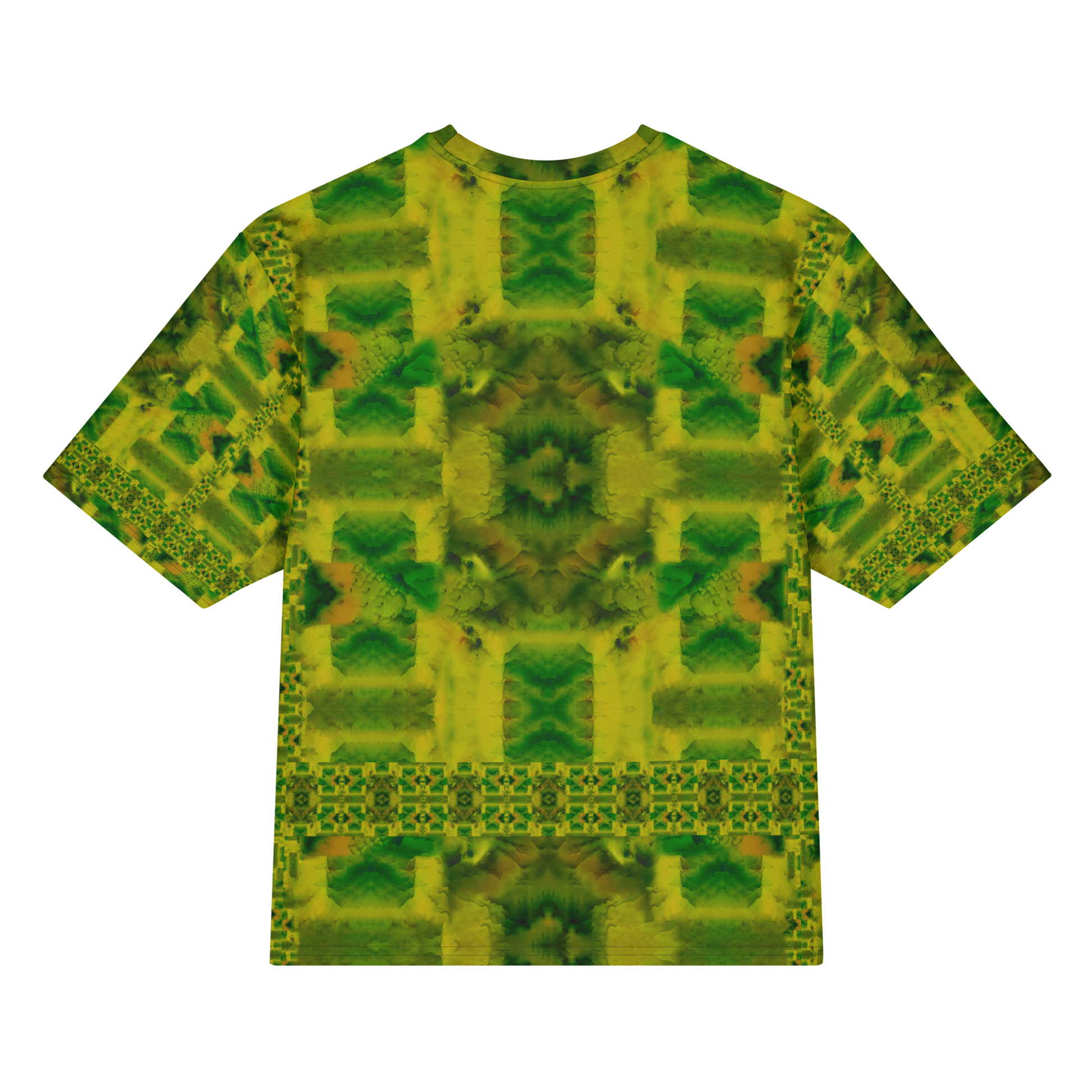 Back view of Purely Jade Light Cotton OverSized T-Shirt with yellow-green block chamber composition and central dark flower medallion and patterned sleeve panels by RJSTH.