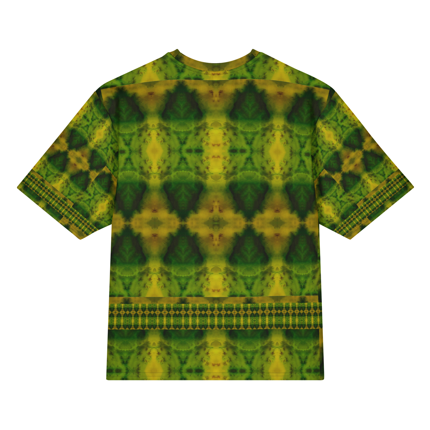Back view of Purely Jade Light Cotton OverSized T-Shirt with dark green-yellow field, triangular mirrored chamber forms, and lower narrow lattice band and patterned sleeve panels by RJSTH.