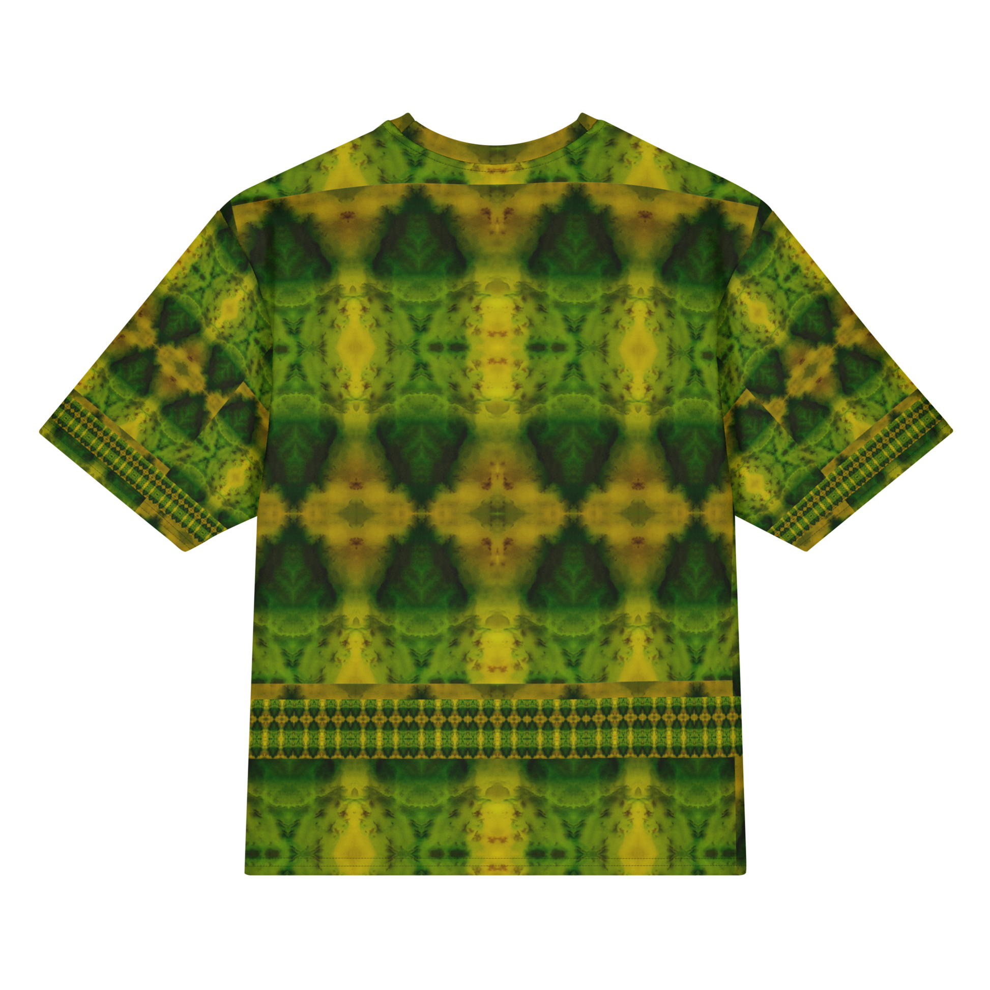 Back view of Purely Jade Light Cotton OverSized T-Shirt with dark green-yellow field, triangular mirrored chamber forms, and lower narrow lattice band and patterned sleeve panels by RJSTH.