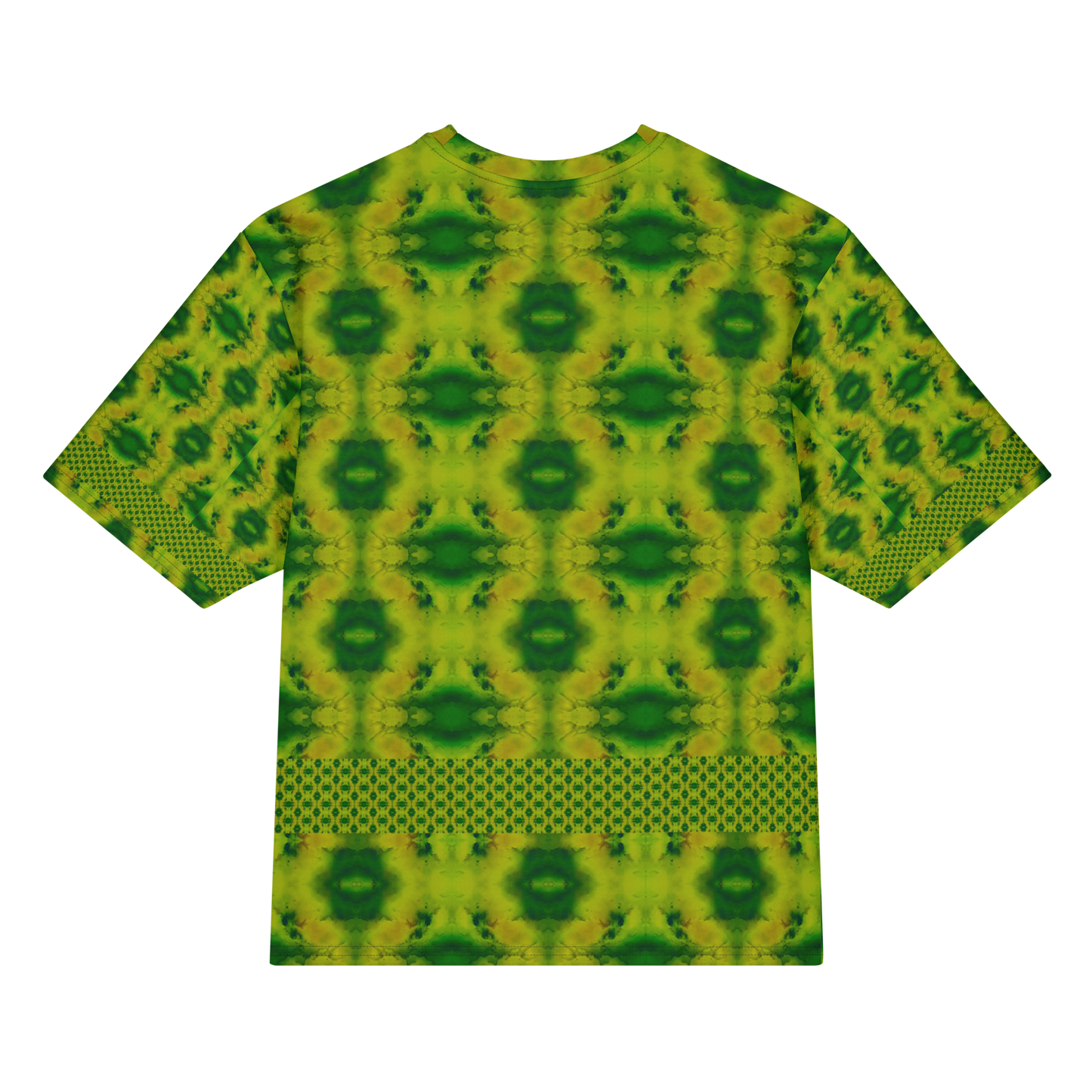 Back view of Purely Jade Light Cotton OverSized T-Shirt with yellow-green field, dark green flower medallion repeats, and lower dotted lattice band and patterned sleeve panels by RJSTH.