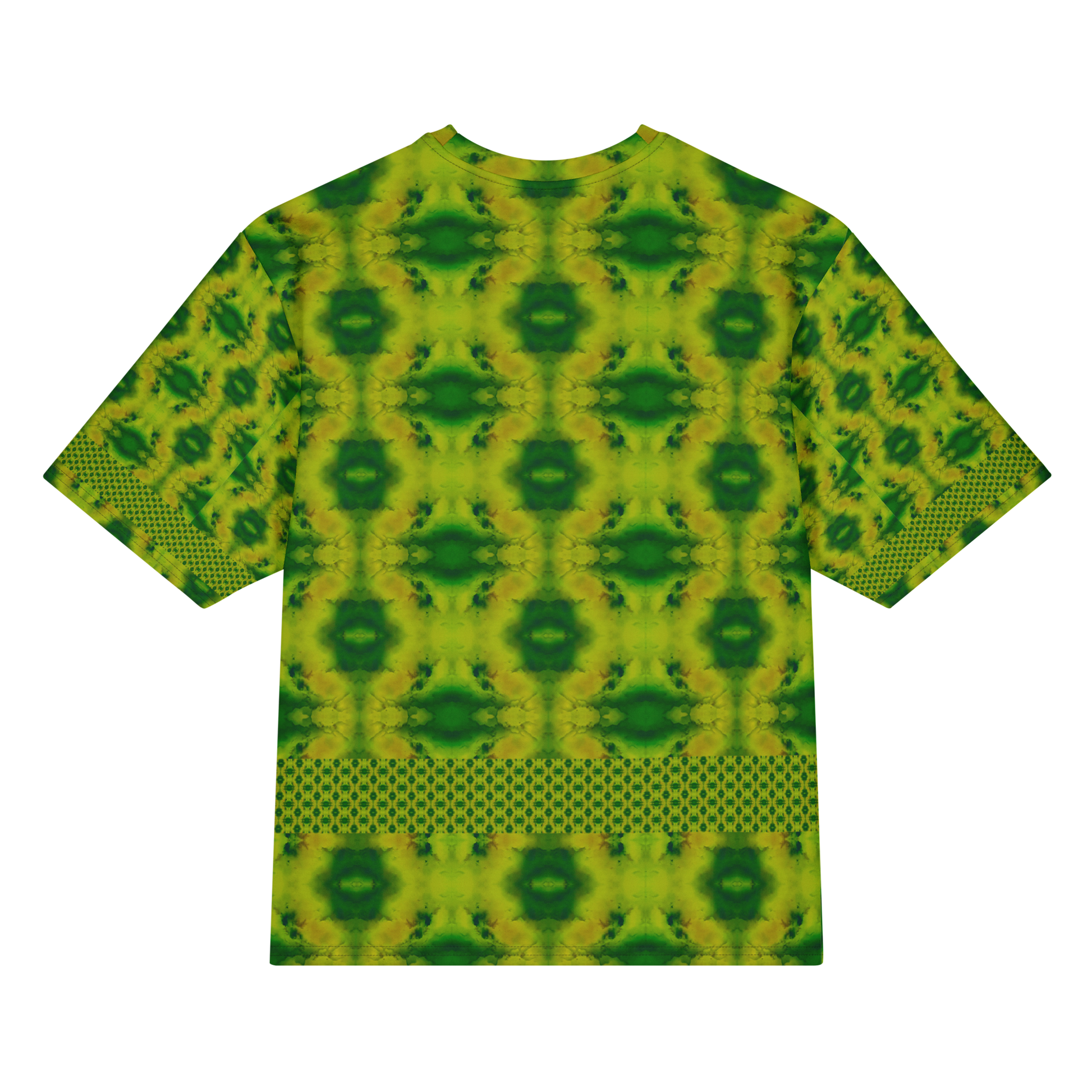 Back view of Purely Jade Light Cotton OverSized T-Shirt with yellow-green field, dark green flower medallion repeats, and lower dotted lattice band and patterned sleeve panels by RJSTH.