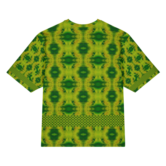 Back view of Purely Jade Light Cotton OverSized T-Shirt with yellow-green field, dark green flower medallion repeats, and lower dotted lattice band and patterned sleeve panels by RJSTH.