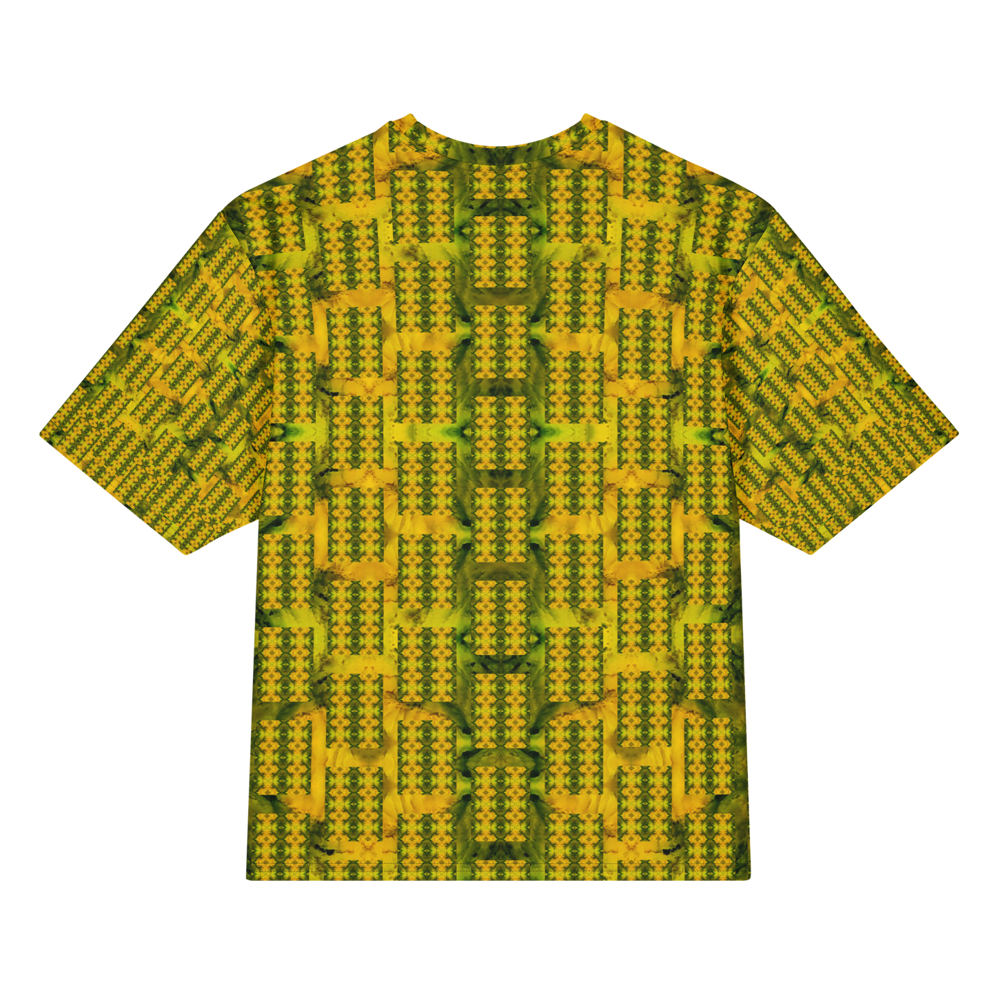 Back view of Purely Jade Light Cotton OverSized T-Shirt with yellow-gold rectangular block lattice and green vertical seams and patterned sleeve panels by RJSTH.