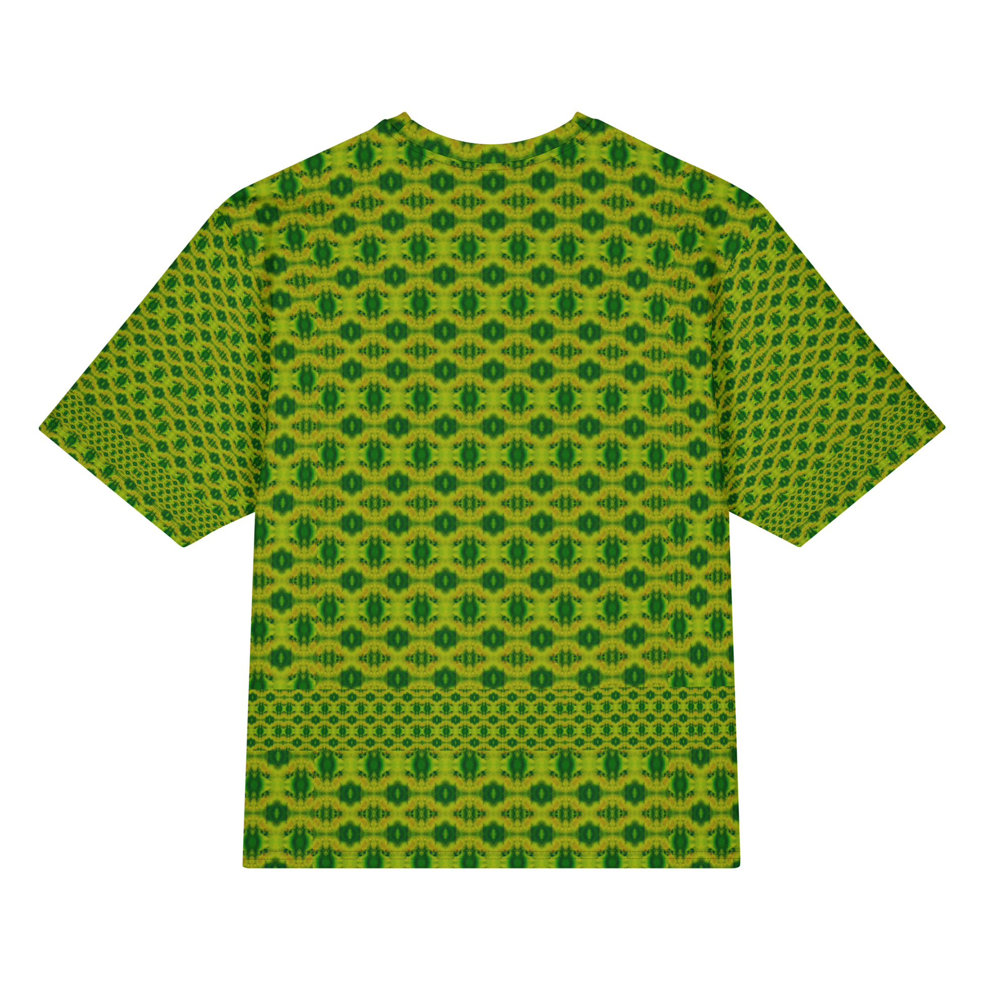 Back view of Purely Jade Light Cotton OverSized T-Shirt with yellow-green regular medallion grid and lower patterned band and patterned sleeve panels by RJSTH.