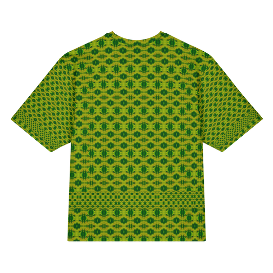 Back view of Purely Jade Light Cotton OverSized T-Shirt with yellow-green regular medallion grid and lower patterned band and patterned sleeve panels by RJSTH.