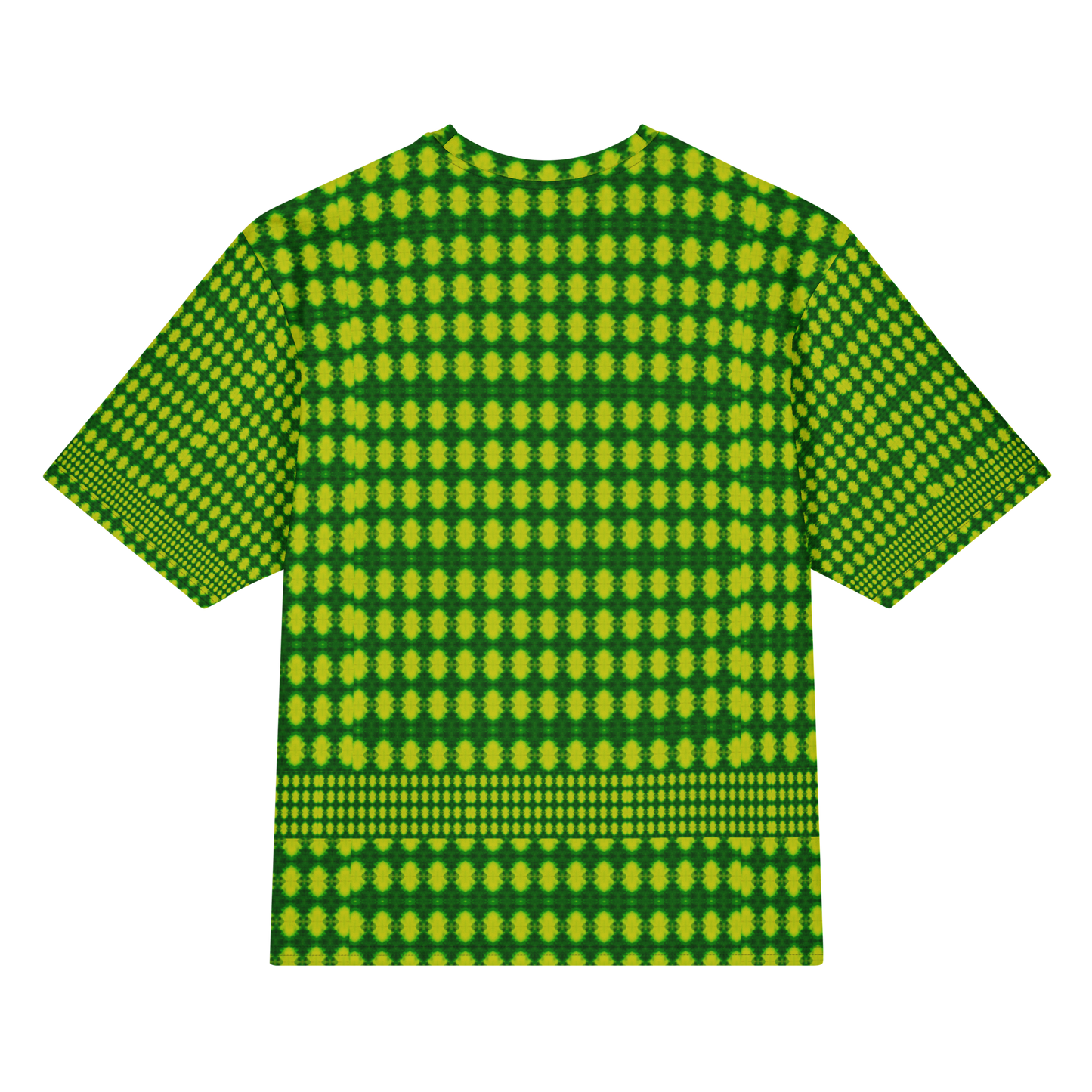 Back view of Purely Jade Light Cotton OverSized T-Shirt with bright green-yellow dotted medallion grid and strong horizontal lower band and patterned sleeve panels by RJSTH.