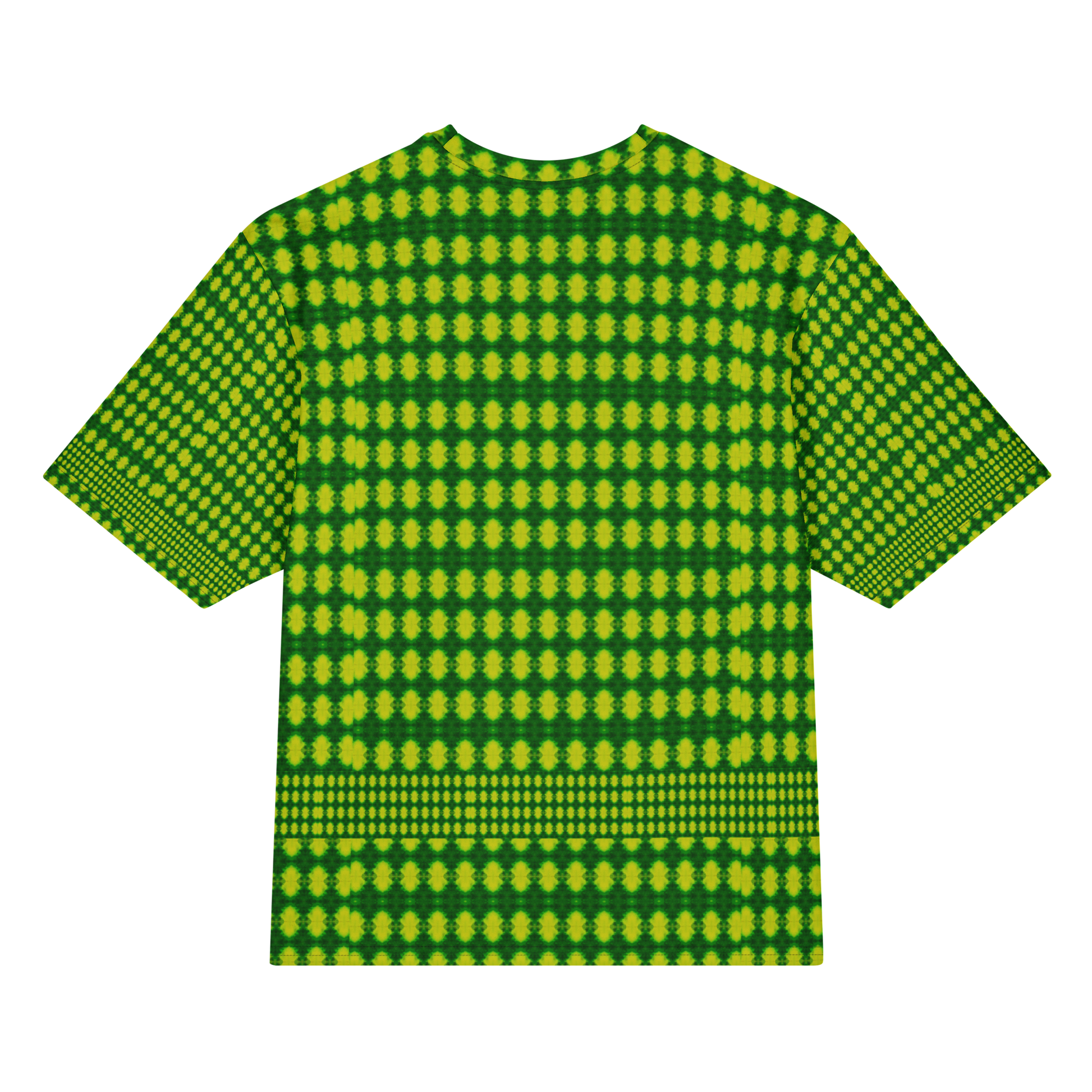 Back view of Purely Jade Light Cotton OverSized T-Shirt with bright green-yellow dotted medallion grid and strong horizontal lower band and patterned sleeve panels by RJSTH.